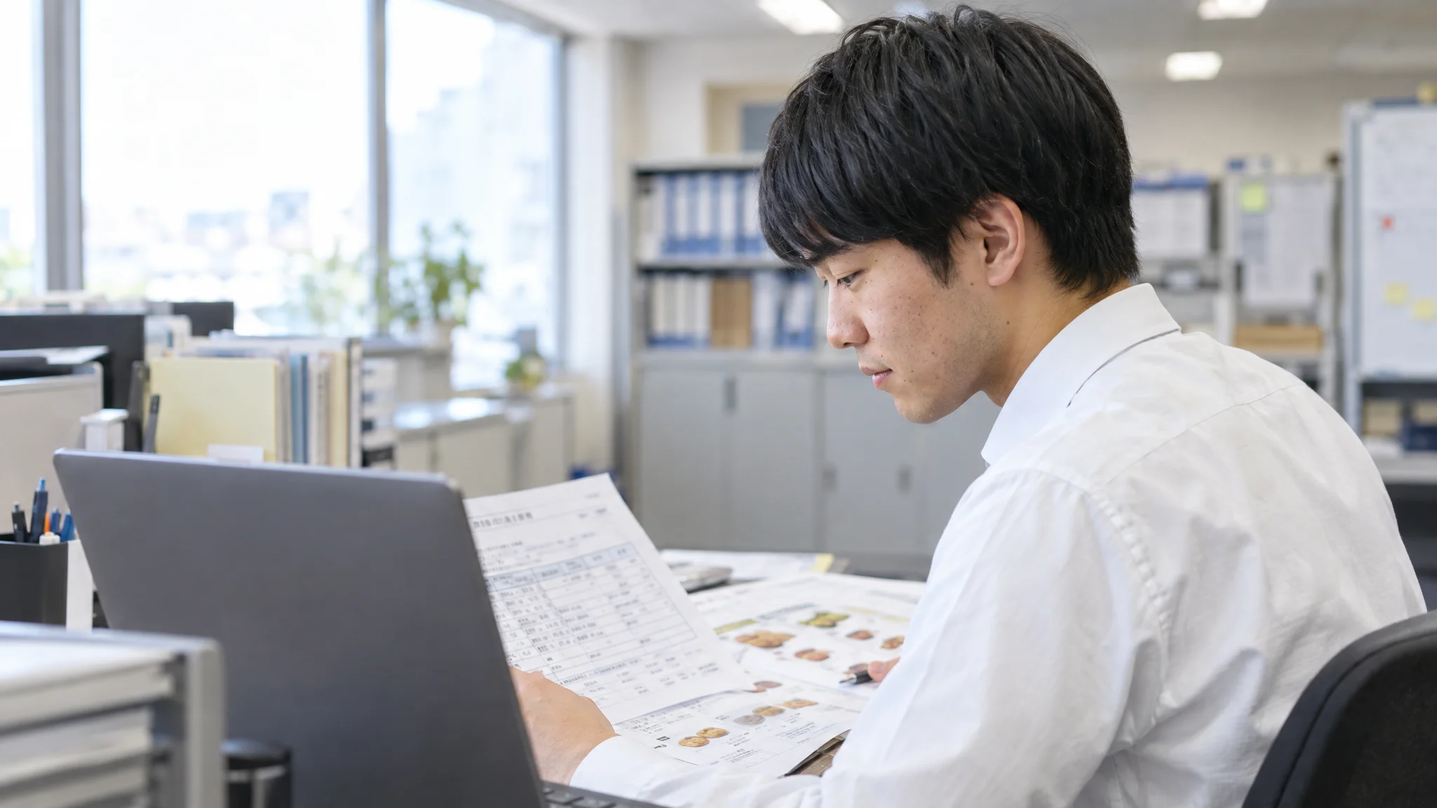In a Japanese office, a Japanese data analyst works at two large monitors. The screens display a complex heatmap showing inventory shelf-life distribution and a dashboard listing potential delivery destinations. Hands are steady on the keyboard, and the gaze is focused on the analysis results. A realistic scene with unbranded equipment and a plain desk environment.