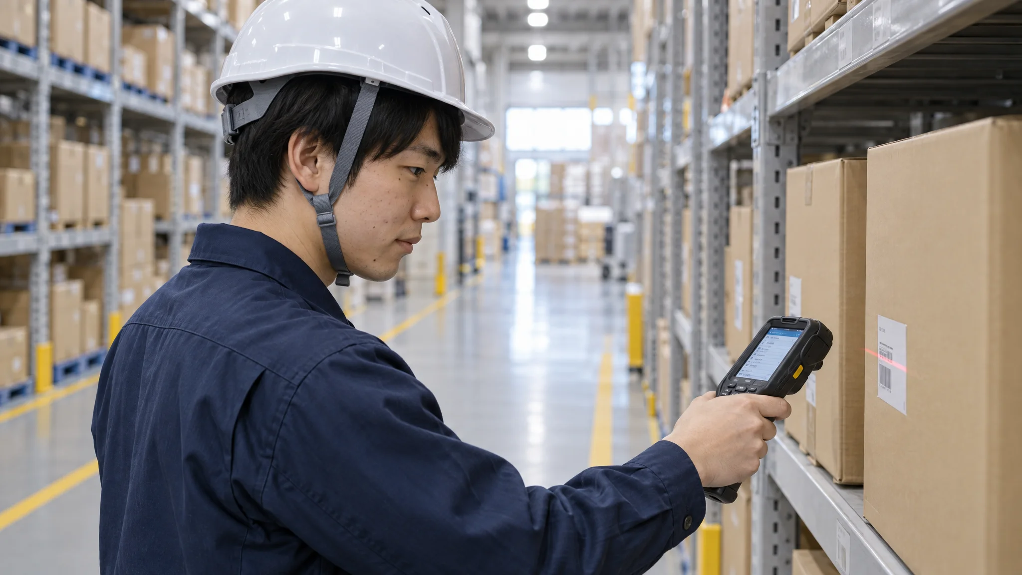 Inside a Japanese logistics warehouse. A Japanese worker with a handheld terminal scans barcodes on beverage cases lined up on shelves. The terminal screen displays the instruction 'Delivery Destination: Center B' in Japanese. In the background, a forklift is operating, and yellow safety lines are drawn on the floor. A realistic scene of a clean logistics site without specific company names or logos.