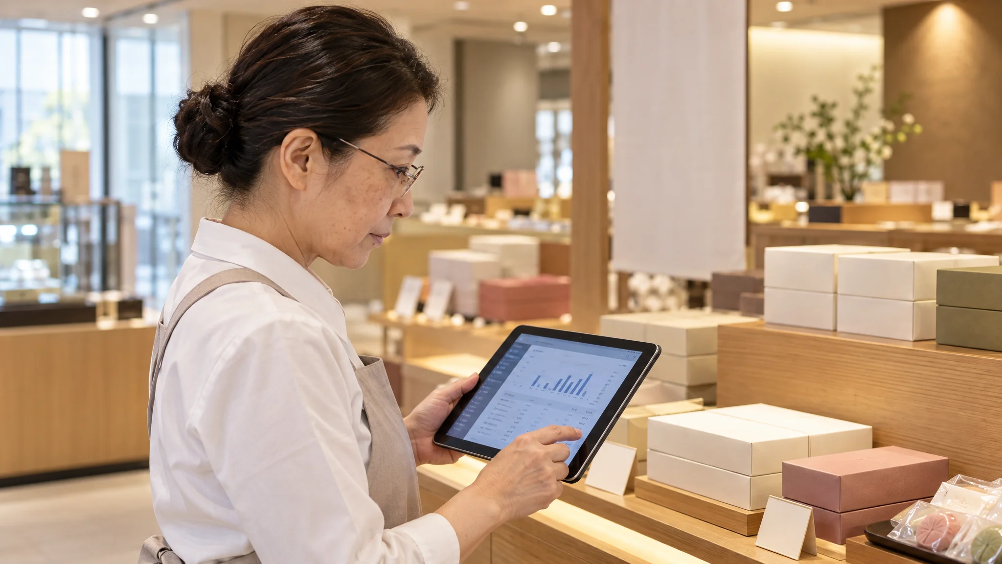 賑わう催事会場の一角で、日本人の店員がタブレット型のモバイルPOS端末を操作している様子。手前には特定の名称や印字がない無地の菓子箱が整然と並び、背景には木目調の什器と柔らかなスポットライトの光が映り込んでいる。画面には現在の売上概況を示すグラフが表示されており、店員は真剣な表情で手元の画面を注視している。
