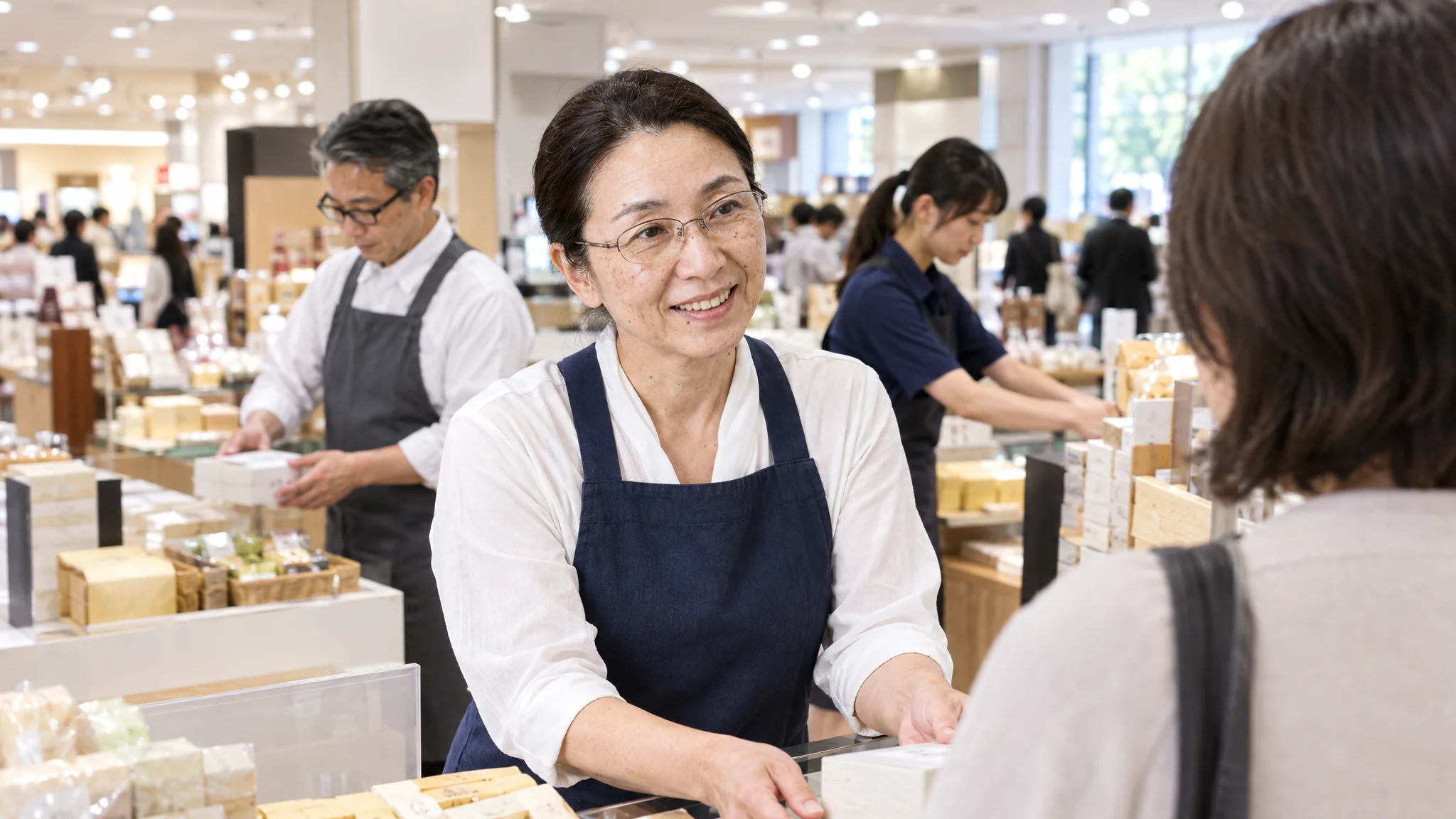 日本人のデータアナリストが、オフィスで複数のモニターに映し出されたリアルタイムの売上ダッシュボードを確認している。画面には折れ線グラフや円グラフ、各催事会場の在庫状況を示す数値が並び、常にデータが更新されている様子がわかる。アナリストの視線は鋭く、手元のノートには日本語で書かれた分析メモがびっしりと記されている。