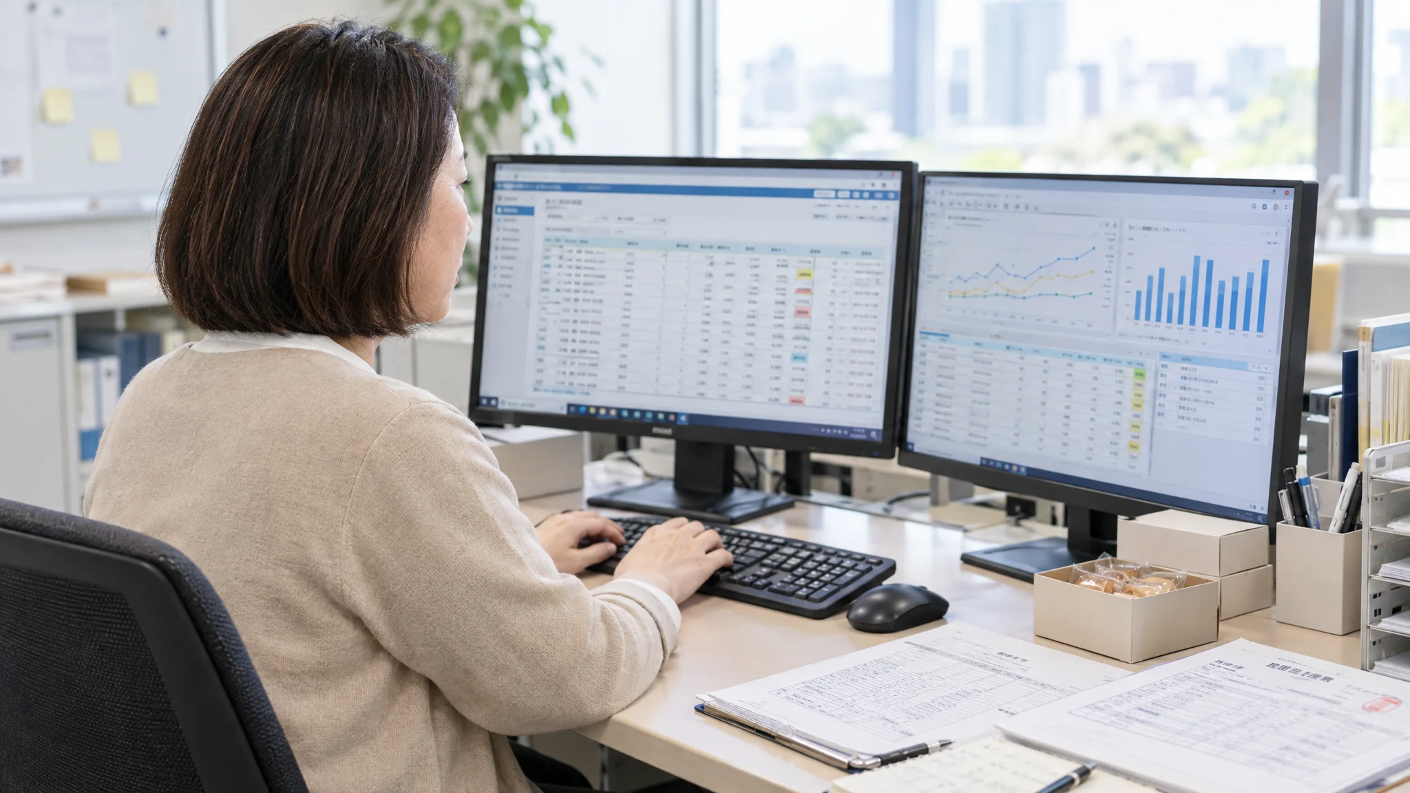 清潔感のある食品工場の管理室で、日本人の役員が壁に設置された大型モニターを見ながら配送計画を協議している。モニターには日本地図と配送ルート、各トラックの積載率がリアルタイムで可視化されており、無駄のない物流網が構築されている様子が伺える。室内は明るく、ホワイトボードには日本語の工程管理表が整然と書き込まれている。