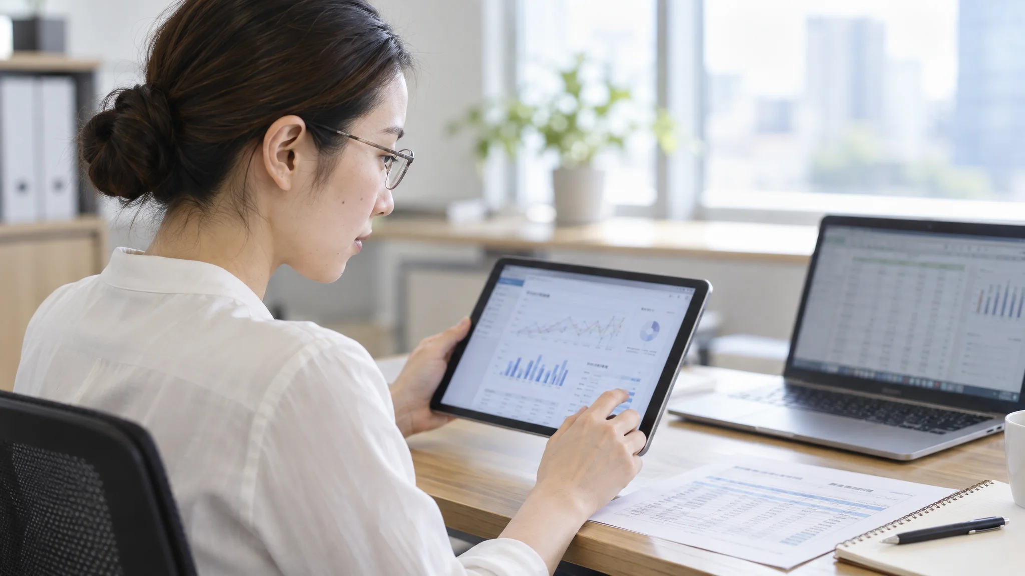 In a quiet office, a Japanese data analyst holds a tablet device, reviewing the weekly trends of handwashing assessment data. A line graph is displayed on the screen, showing a trend where the assessment pass rate drops during specific time periods. Organized business documents and a simple, plain laptop are placed on the desk.