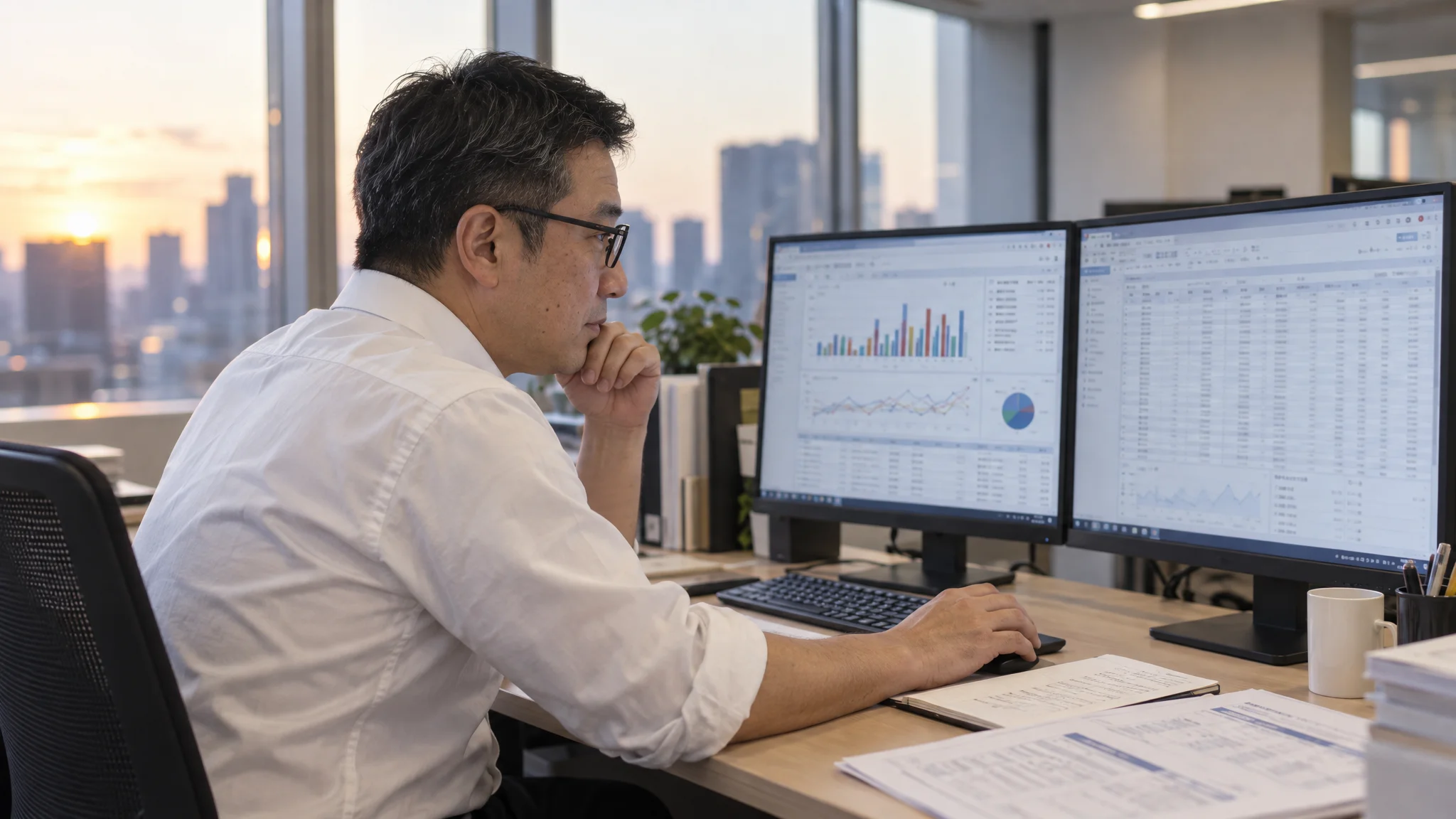A Japanese data analyst working at two large monitors in a Japanese office. Their gaze is fixed on the keyboard and screens, which display complex data grids and charts. A business manual written in Japanese sits beside the desk, capturing an evening office scene filled with an air of concentration.
