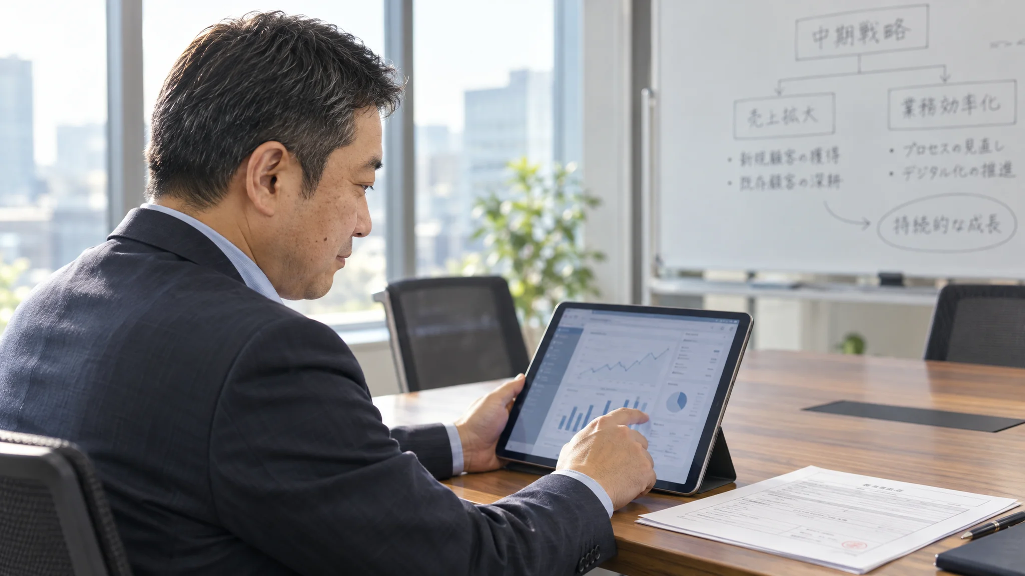 A Japanese sales manager operating a tablet in a bright conference room. Their eyes are on a dashboard on the screen, with Japanese business forms neatly arranged nearby. A strategy diagram written in Japanese is faintly visible on the whiteboard in the background, depicting a sophisticated Japanese business environment.
