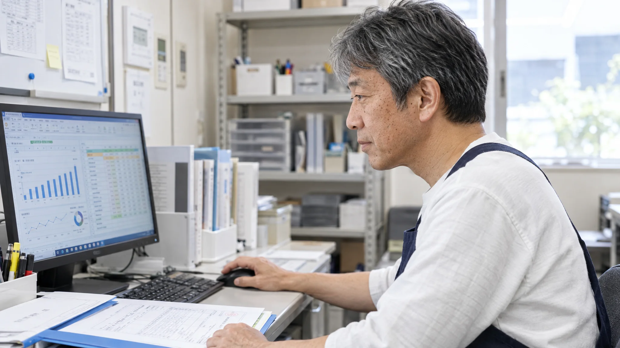 A Japanese data analyst in an office analyzing complex line graphs and data tables displayed on a monitor. The screen shows simulation results of demand forecasting relative to product price fluctuations, with detailed figures listed.