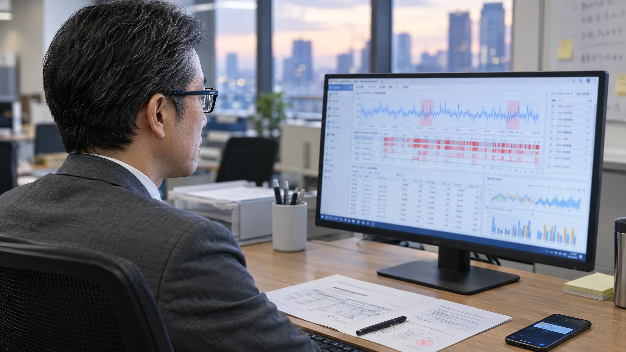 A quiet office in Tokyo. A Japanese data analyst sits at a desk, intently watching a voice analysis dashboard displayed on a monitor. The screen shows waveform data and logs for "Aggressive Emotion Detection" highlighted in red, arranged in a timeline format. A business report in Japanese lies on the desk, while a smartphone notification glows nearby.