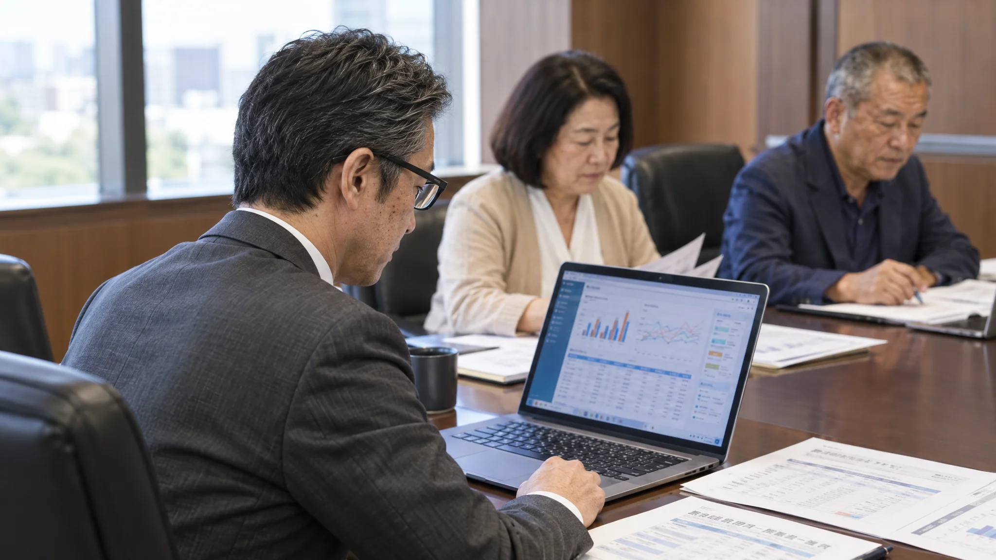 In a bright conference room, a Japanese executive reviews documents at hand while checking a laptop screen. The screen displays a security report and a graph showing customer harassment trends by store. A Japanese business document titled "Crime Prevention DX Operational Regulations" is spread out on the desk, and their gaze is focused intently on the items in the document.