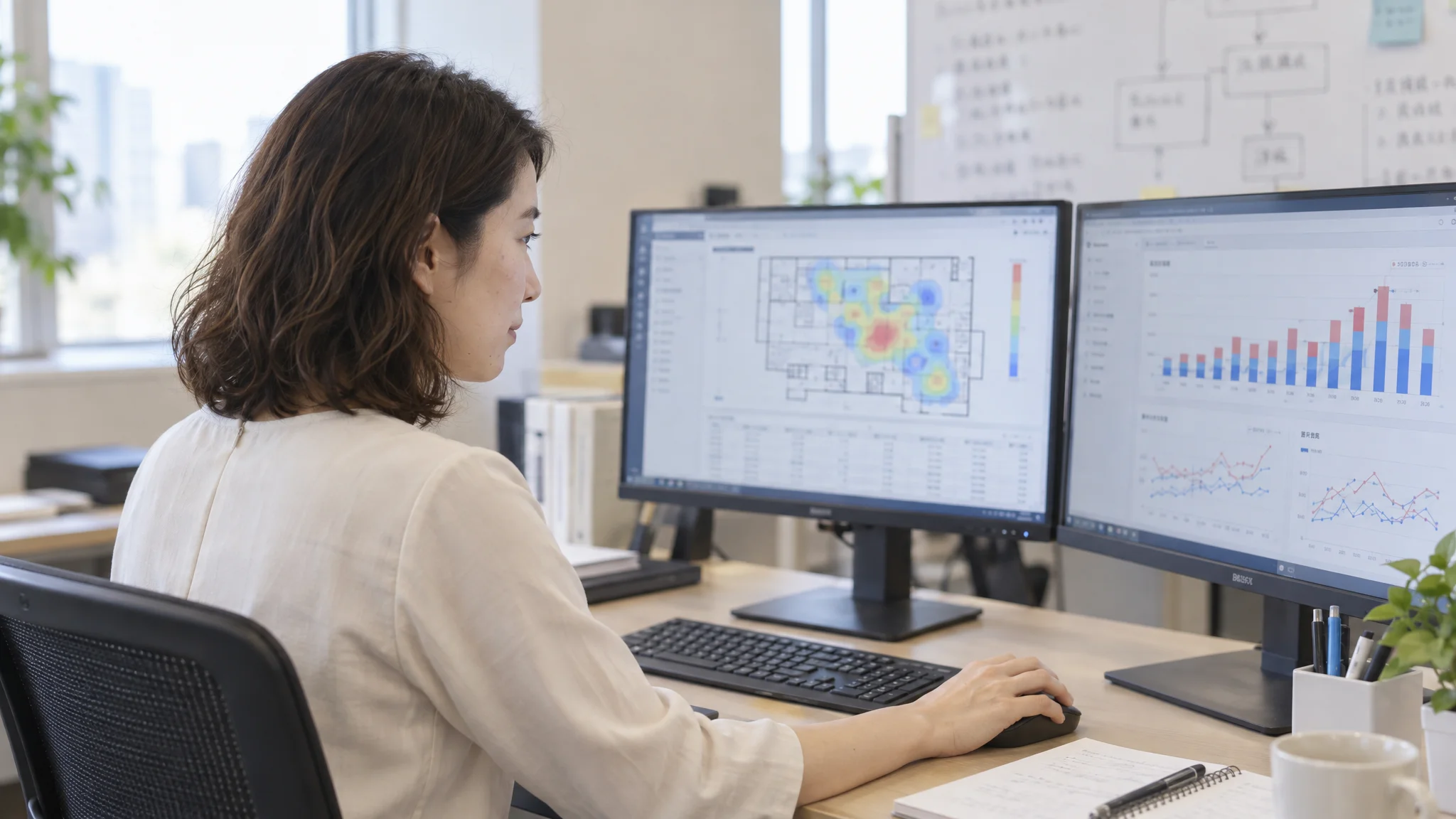 At an office desk, a Japanese data analyst is analyzing a store's heat map and behavior logs displayed on a PC screen. The screen shows a store floor plan with customer traffic patterns visualized in red and blue lines, alongside a graph showing the number of suspicious behavior detections by time of day. The analyst is intently focused on the screen from a 45-degree angle, operating a mouse with their right hand. In the background, a whiteboard with graphs written in Japanese is visible.
