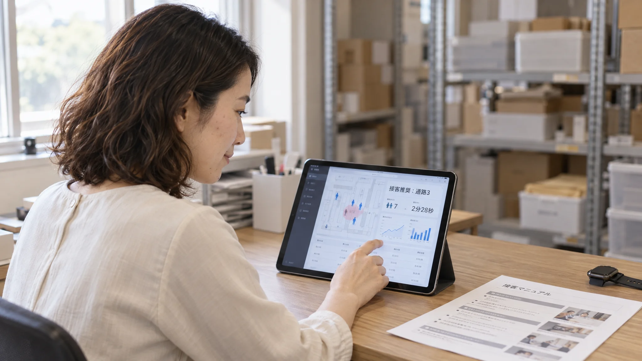 A tablet device in a store's backroom. The screen displays a Japanese notification reading "Customer Service Recommended: Aisle 3," and below it, the silhouette of the target person captured by the camera and their dwell time are shown. Next to the device, a customer service manual written in Japanese and a smartwatch for staff are placed. Soft afternoon light streams in through the window, illuminating the wood grain of the desk.