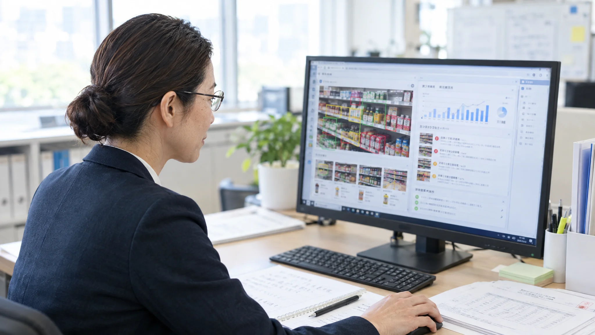 In a clean office conference room, a Japanese executive is analyzing a VMD compliance rate dashboard by store, displayed on a large monitor. The monitor shows a map of Japan along with bar and pie charts indicating scores for each store. The executive is filmed from a 45-degree angle, with their gaze focused on the screen filled with data.
