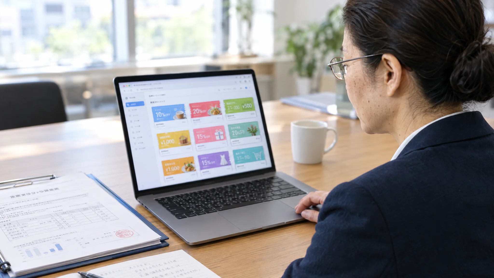 A Japanese data analyst is typing on a keyboard while staring intently at figures in a quiet office. Their gaze is fixed on a laptop screen showing Python code and a scatter plot of data distribution. Beside the desk lies a binder titled 'Customer Analysis Model' in Japanese.