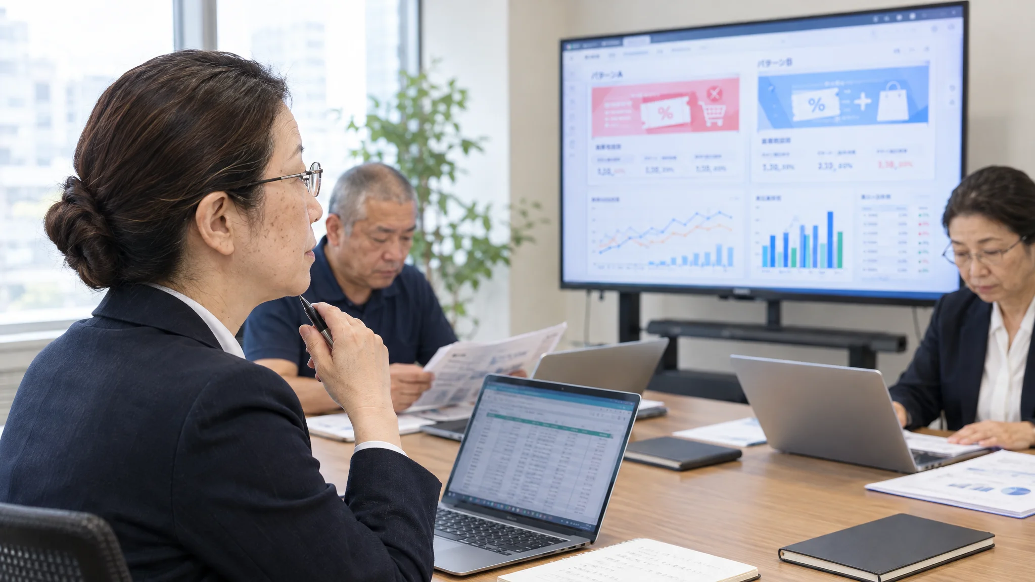 A whiteboard in a meeting room is filled with complex causal diagrams and mathematical formulas written in Japanese. In the foreground, the back of a Japanese businessman is visible as he takes a photo of the data on the whiteboard with a tablet. Natural light streams into the room, and there is a lingering sense of tension, as if a serious discussion has just concluded.