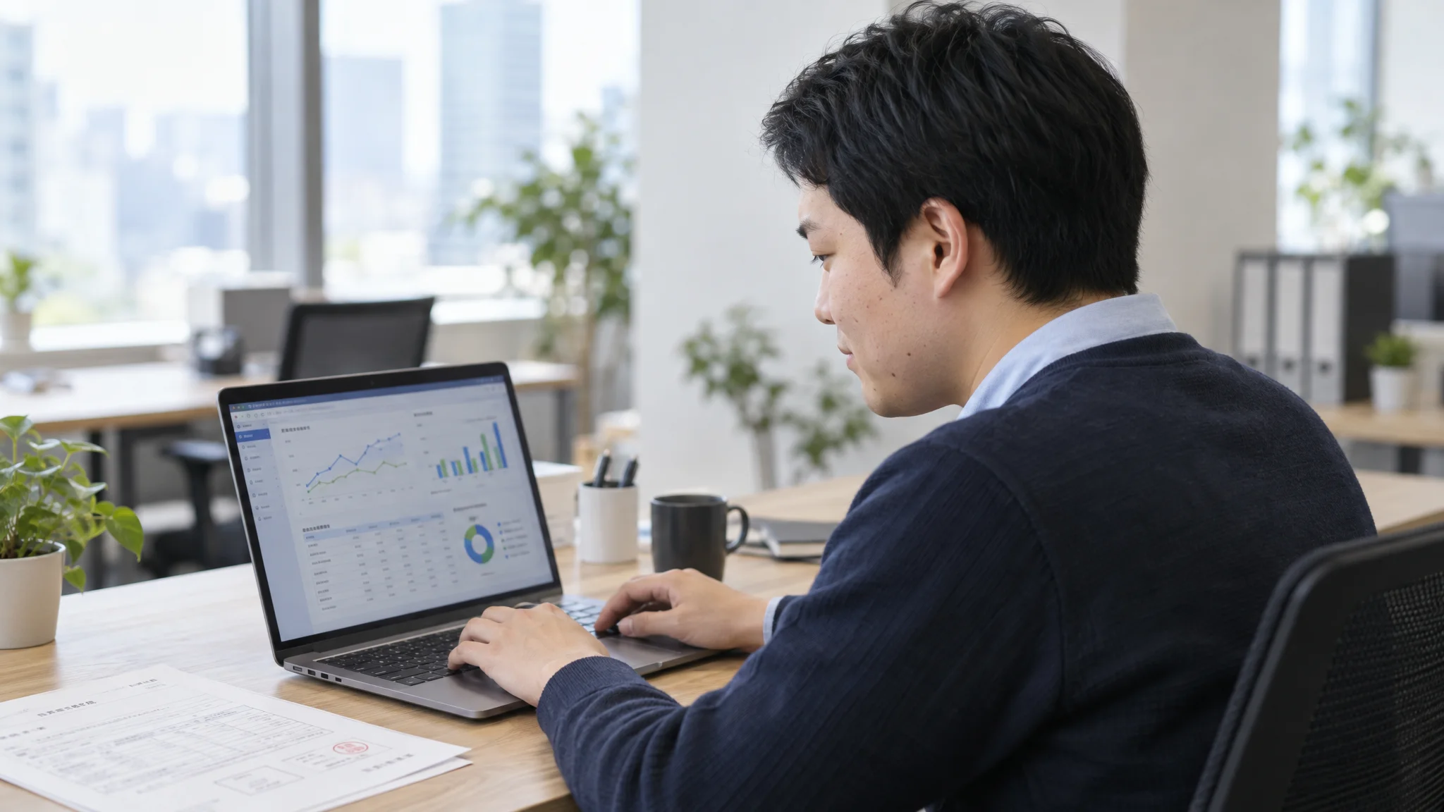 In a clean, professional office, a merchandiser operates an AI-driven demand forecasting dashboard on a laptop. The screen displays multiple line graphs and category-specific scores, while product development approval documents sit nearby.