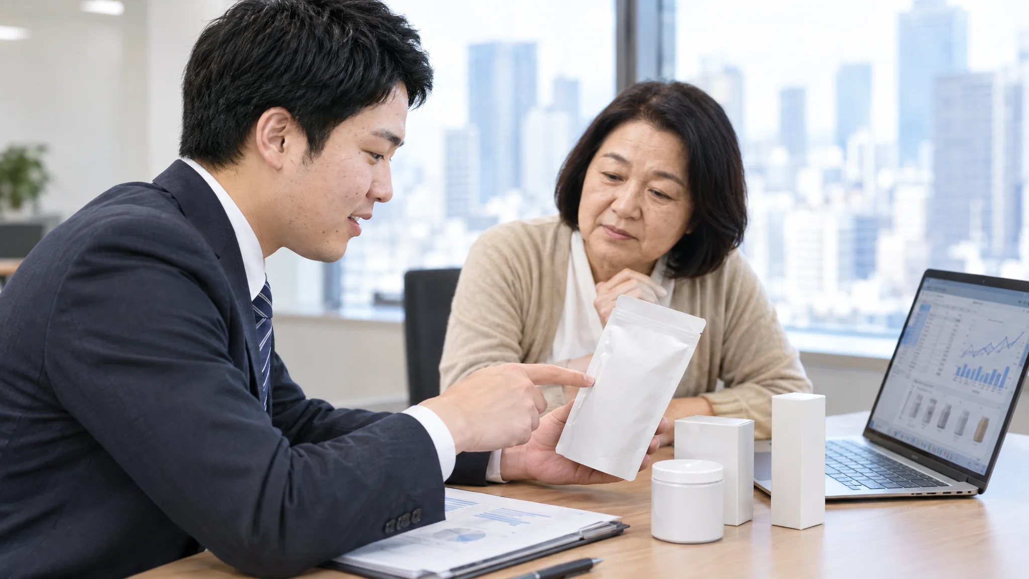 In a conference room of a Japanese retail chain, executives and buyers are reviewing AI-driven inventory optimization and LTV improvement simulation results on their tablets. A cityscape of a Japanese metropolis is visible through the window in the background.
