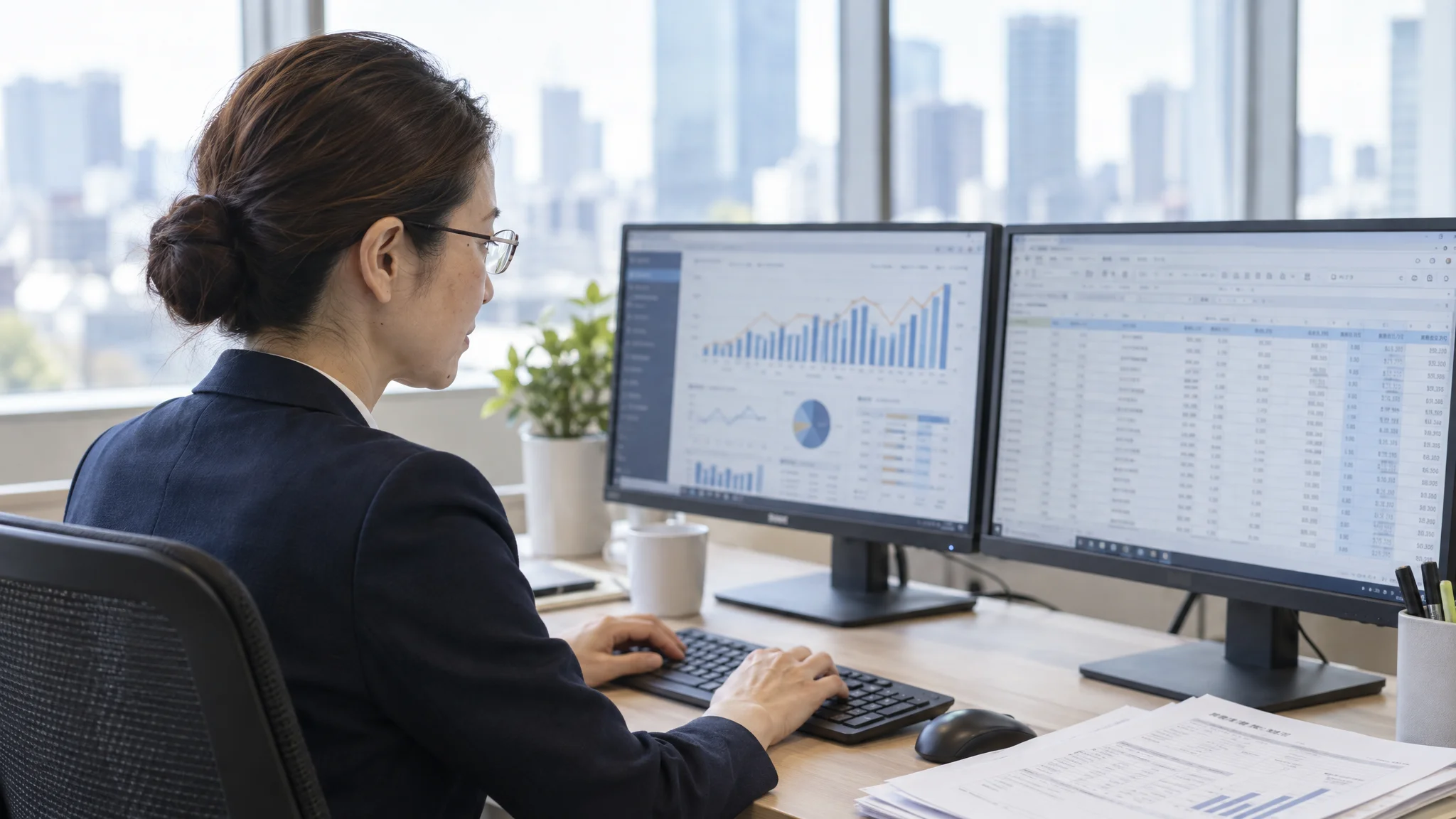 A Japanese data analyst in an office checking a sales management dashboard and accounting software integration screen displayed on dual monitors. The screens show real-time updated graphs and journal entry data, with their focus on the keyboard and screens. A faint view of a Japanese urban landscape is visible through the window.