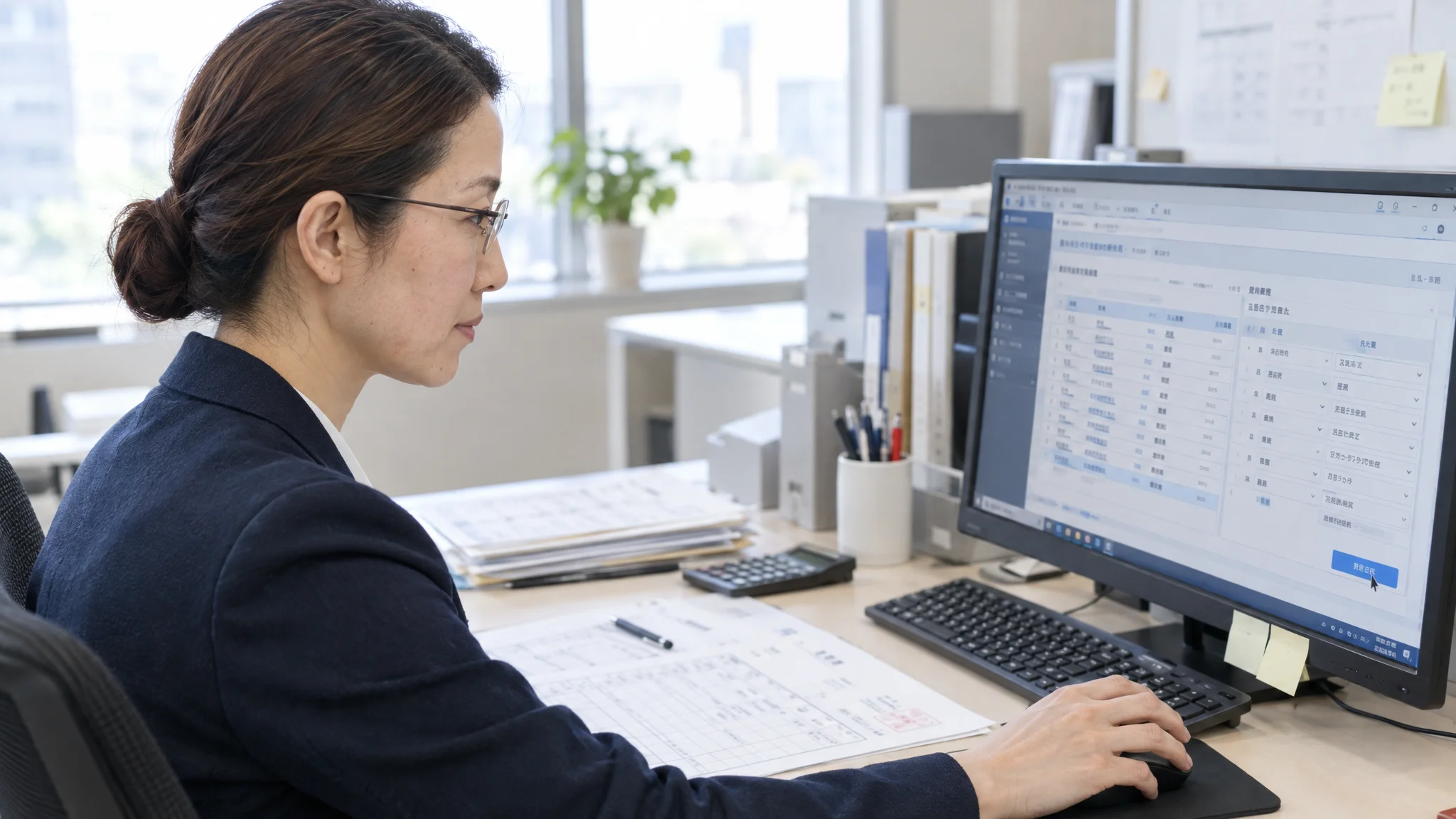 A modern Japanese office meeting room with a white color scheme. Documents featuring Japanese business flow diagrams and a tablet are placed on the table. It is a simple space without brand names, providing a quiet environment for reviewing blueprints for streamlined back-office operations.