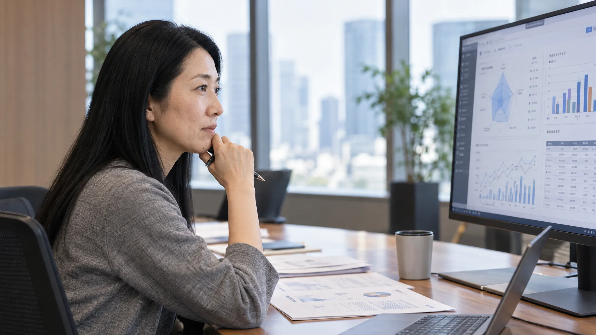 A modern conference room in Tokyo. A Japanese executive and a store manager are in a meeting, reviewing AI evaluation data displayed on a large monitor. The screen shows OMO contribution metrics for individual staff members, featuring radar charts and Japanese commentary. Both are focused on the data, engaged in a constructive discussion on how to incorporate frontline efforts into performance evaluations.