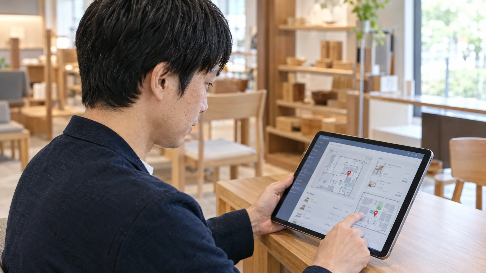 A 3D map of a warehouse displayed on a tablet screen. A blue line shows the current location of the staff and the shortest route to the next product shelf for picking. In the corner of the screen, Japanese text reads "Shortest Route: 45m." In the foreground, a Japanese data analyst's finger is about to touch the screen, with blurred warehouse shelves in the background.