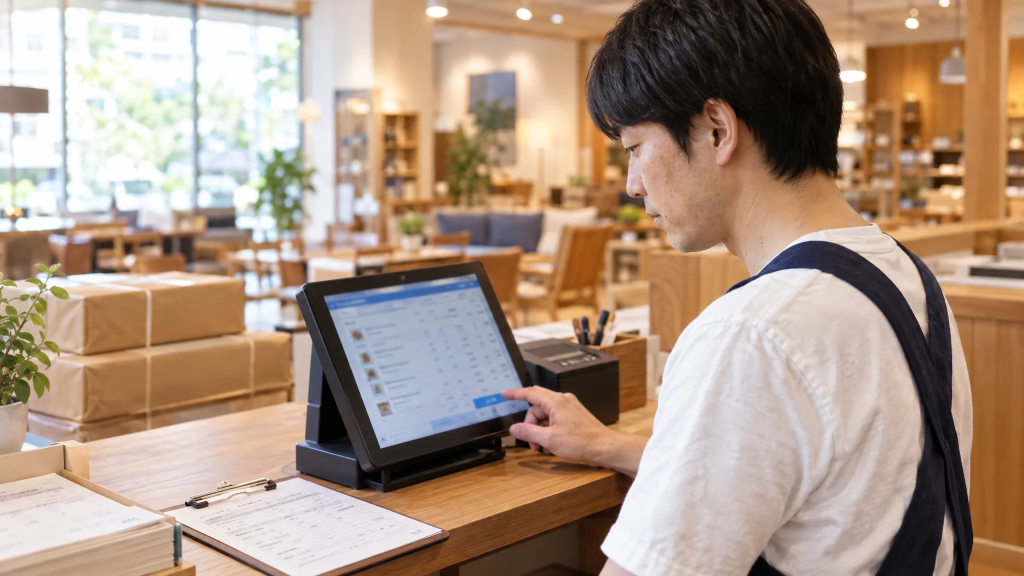 A meeting scene in a bright office. A whiteboard shows a business flow diagram written in Japanese and the goal "30% Reduction in Lead Time via AI Implementation" in bold. In the foreground, a Japanese store manager is intently reading documents, eyes fixed on a table of figures. On the desk are a simple silver laptop and several reports in Japanese.