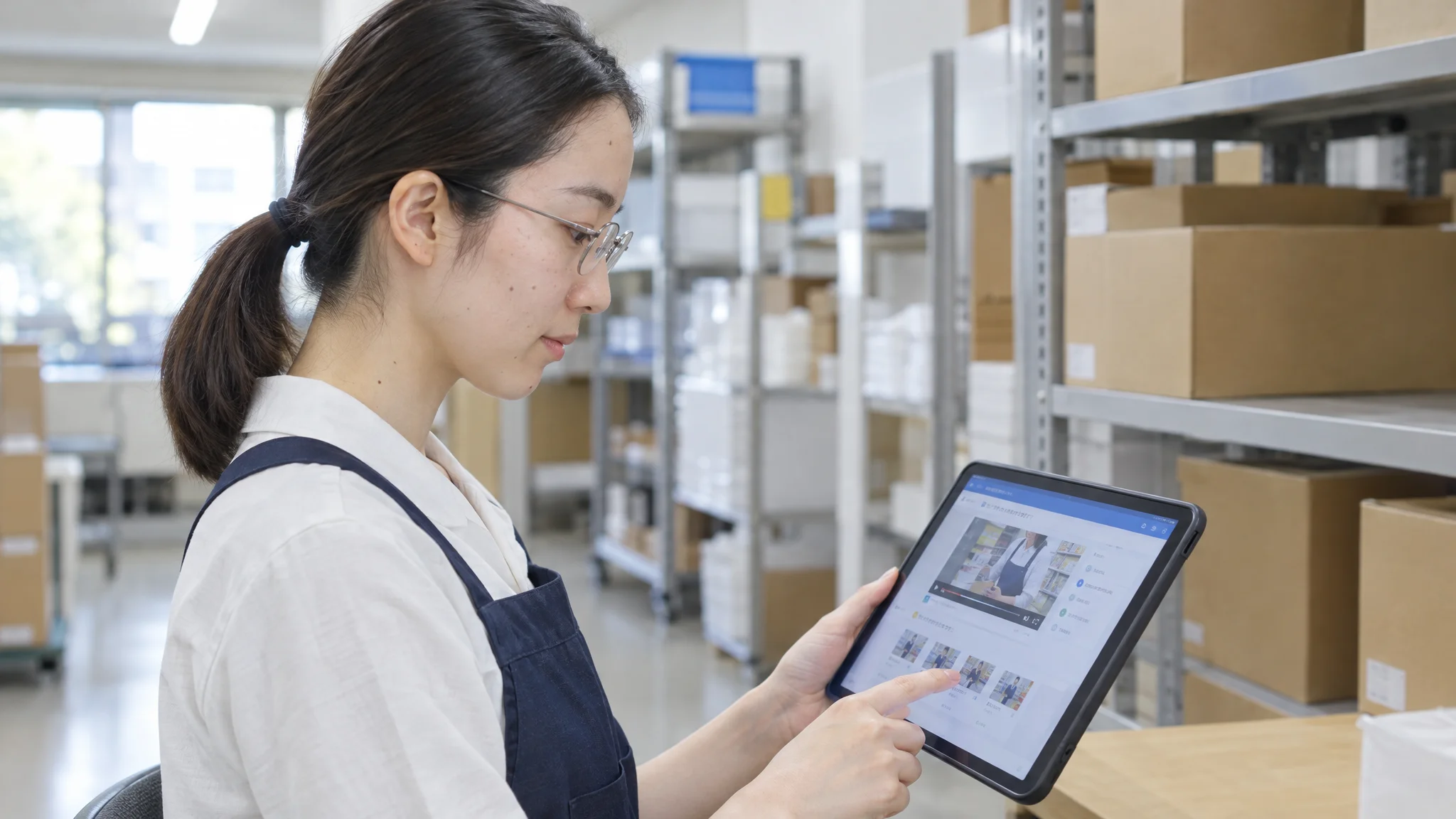 In a modern office environment, a young staff member uses a tablet to check video procedures displayed on the screen. Their gaze is focused on the screen with a serious expression. The screen shows a specific video interface explaining logistics operations. No specific corporate logos are included in the background.