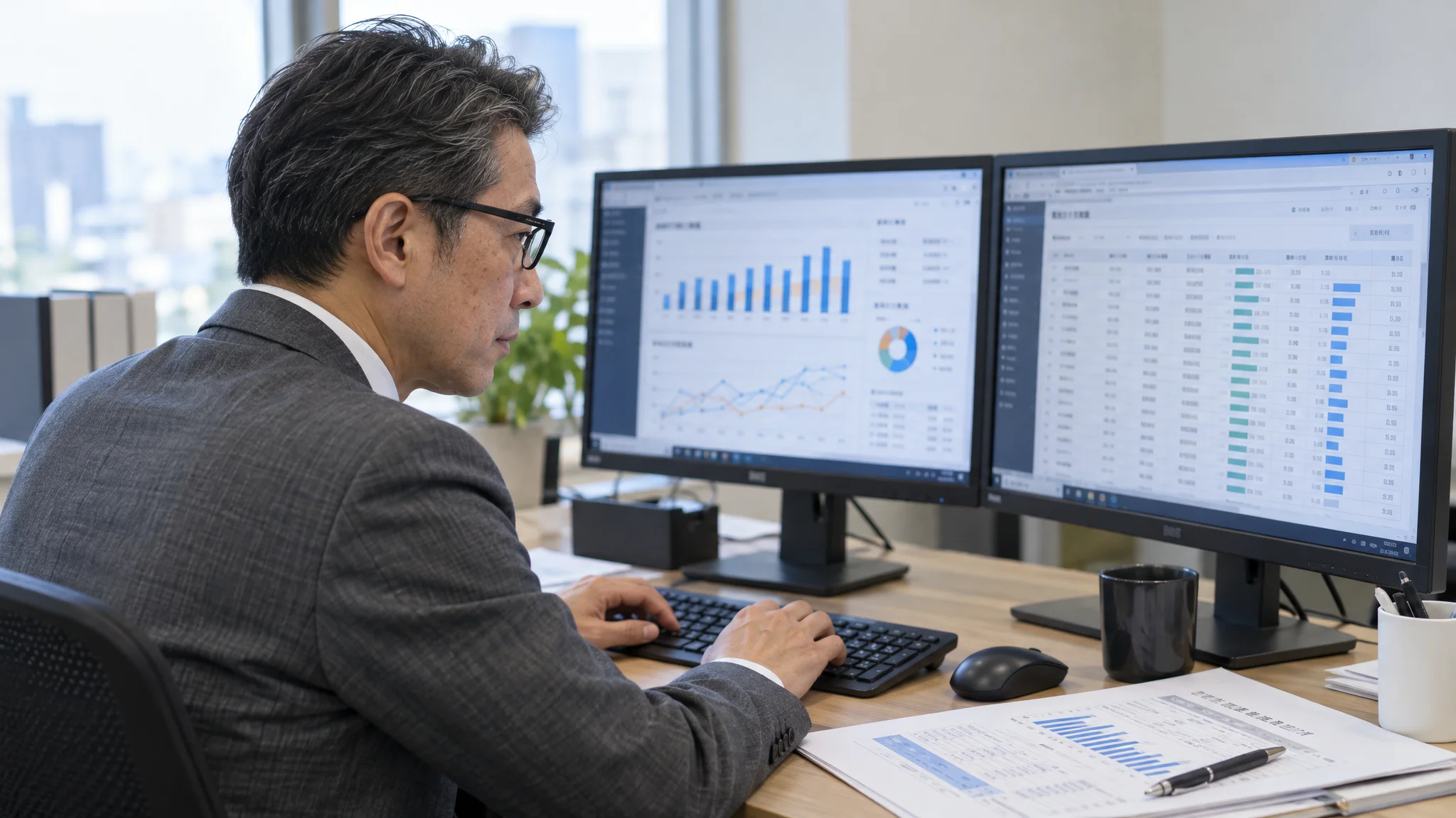 A data analyst is analyzing a dashboard on a desktop PC monitor showing training progress rates for each location. The screen features color-coded graphs and progress figures, along with a list of stores in Japanese. Their hands are steady as they type on the keyboard, and light from the window brightly illuminates the desk.