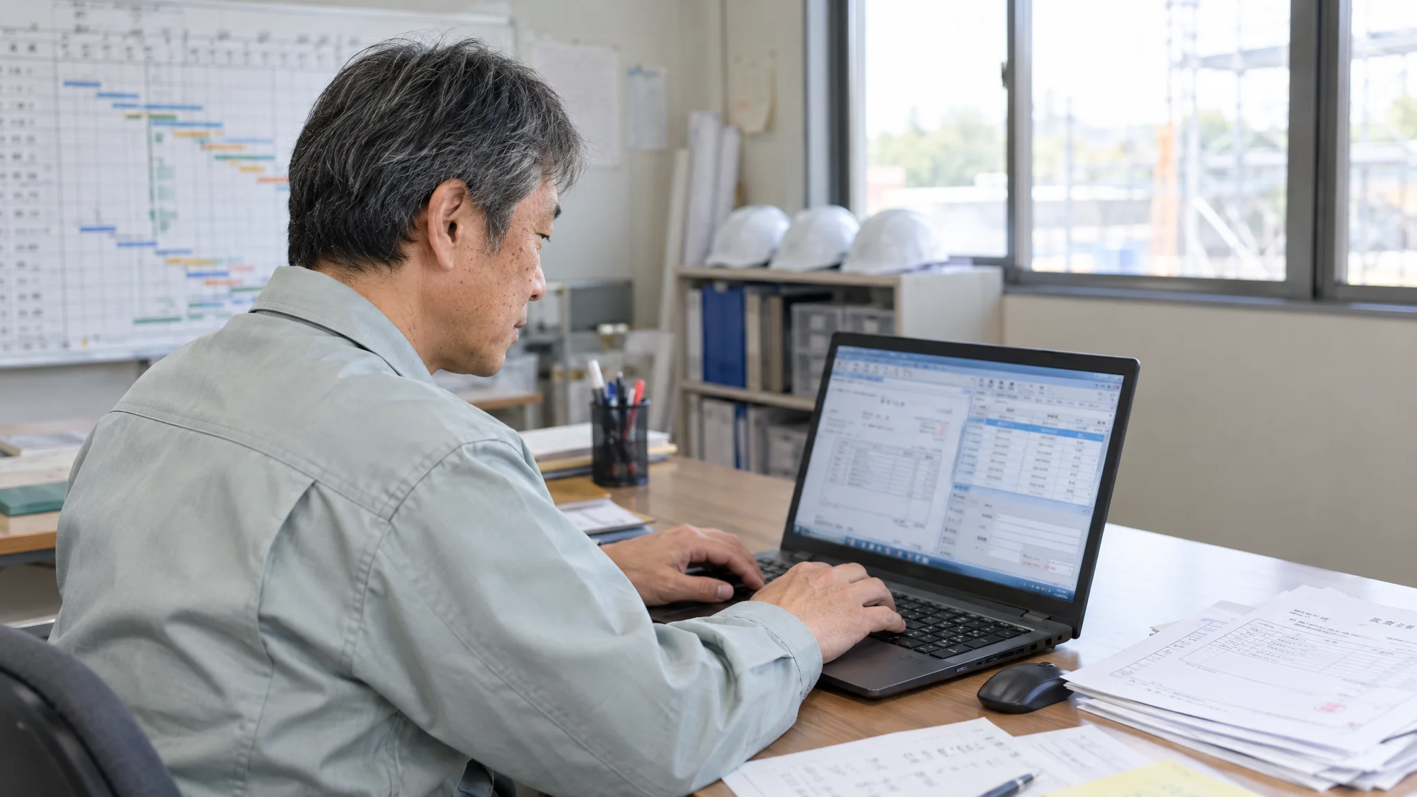 日本人のデータアナリストが、タブレット端末に表示されたリアルタイムの原価ダッシュボードを注視している様子。視線は手元の画面に落ちており、グラフや数値が並ぶUIを慎重に確認している。背景には清潔感のあるモダンなオフィス環境があり、特定の名称がないPCモニターが並んでいる。