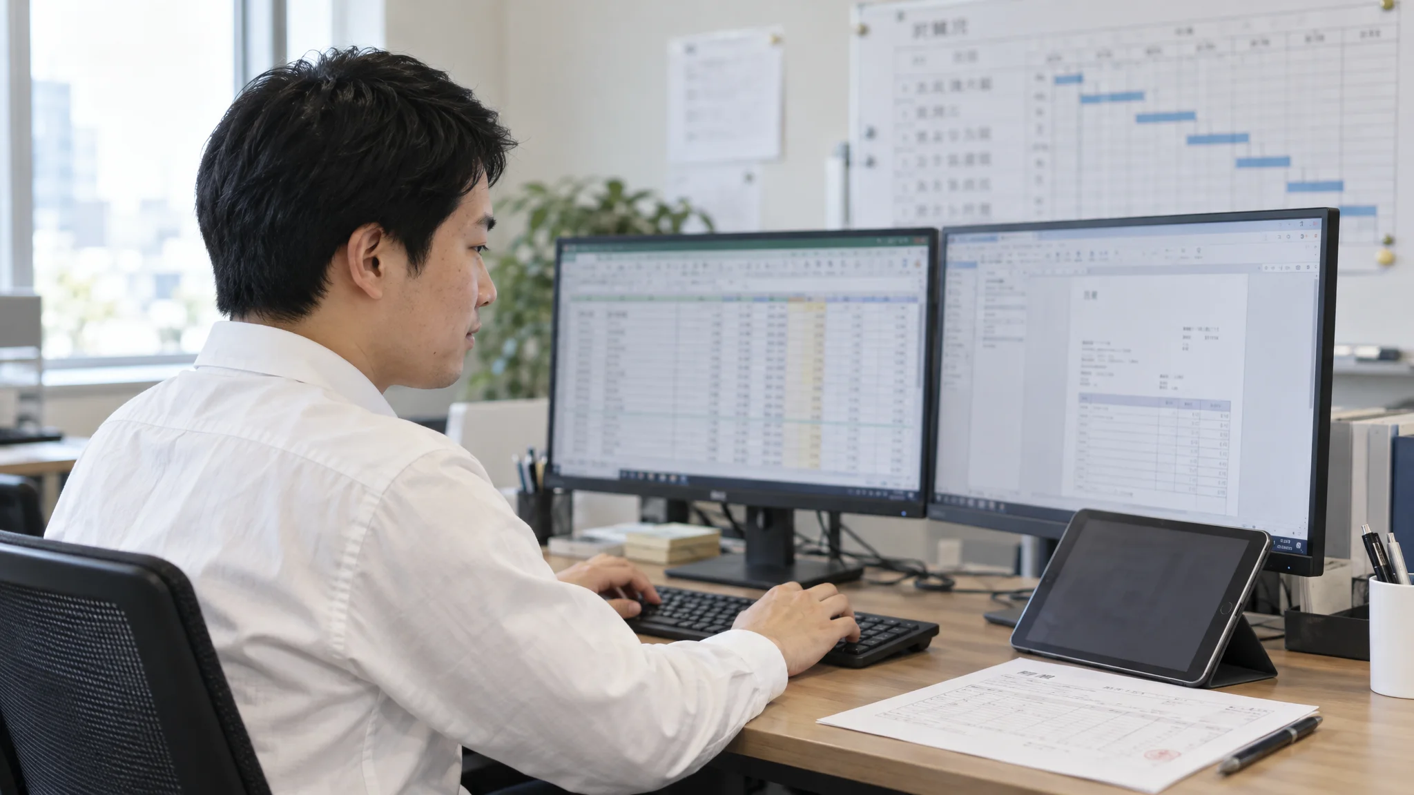 In a clean Japanese office, a young Japanese employee works intently at dual monitors, operating estimation software. The screens show complex labor productivity formulas and numerical data, while a tablet and organized business documents sit nearby. In the background, a Japanese project management chart on a whiteboard is faintly visible.