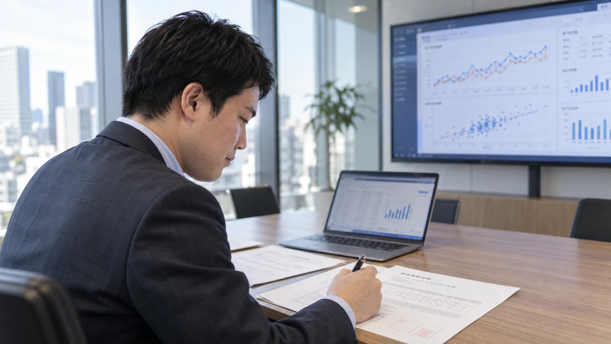 In a Japanese corporate conference room, a senior Japanese consultant points to a data analysis dashboard on a large monitor. The dashboard displays a scatter plot showing the correlation between monthly profit margin trends and labor productivity rates, with Japanese strategy proposals laid out on the table. Their gaze is focused on the materials at hand in a quiet scene of professional discussion.