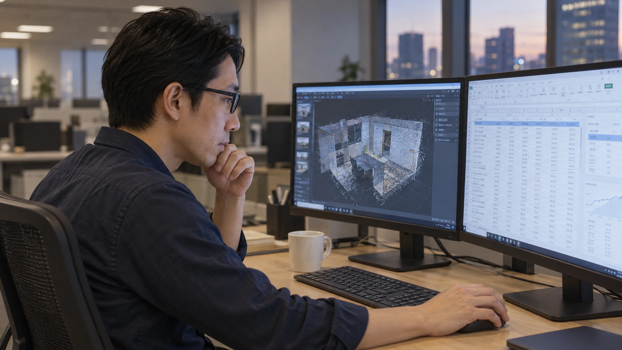 A Japanese data analyst reviewing 3D data at a dual-monitor desk. The left screen displays point cloud data of a room, while the right screen shows an automatically generated estimation spreadsheet with neatly arranged figures. The office is quiet, and a desk lamp brightly illuminates the workspace.