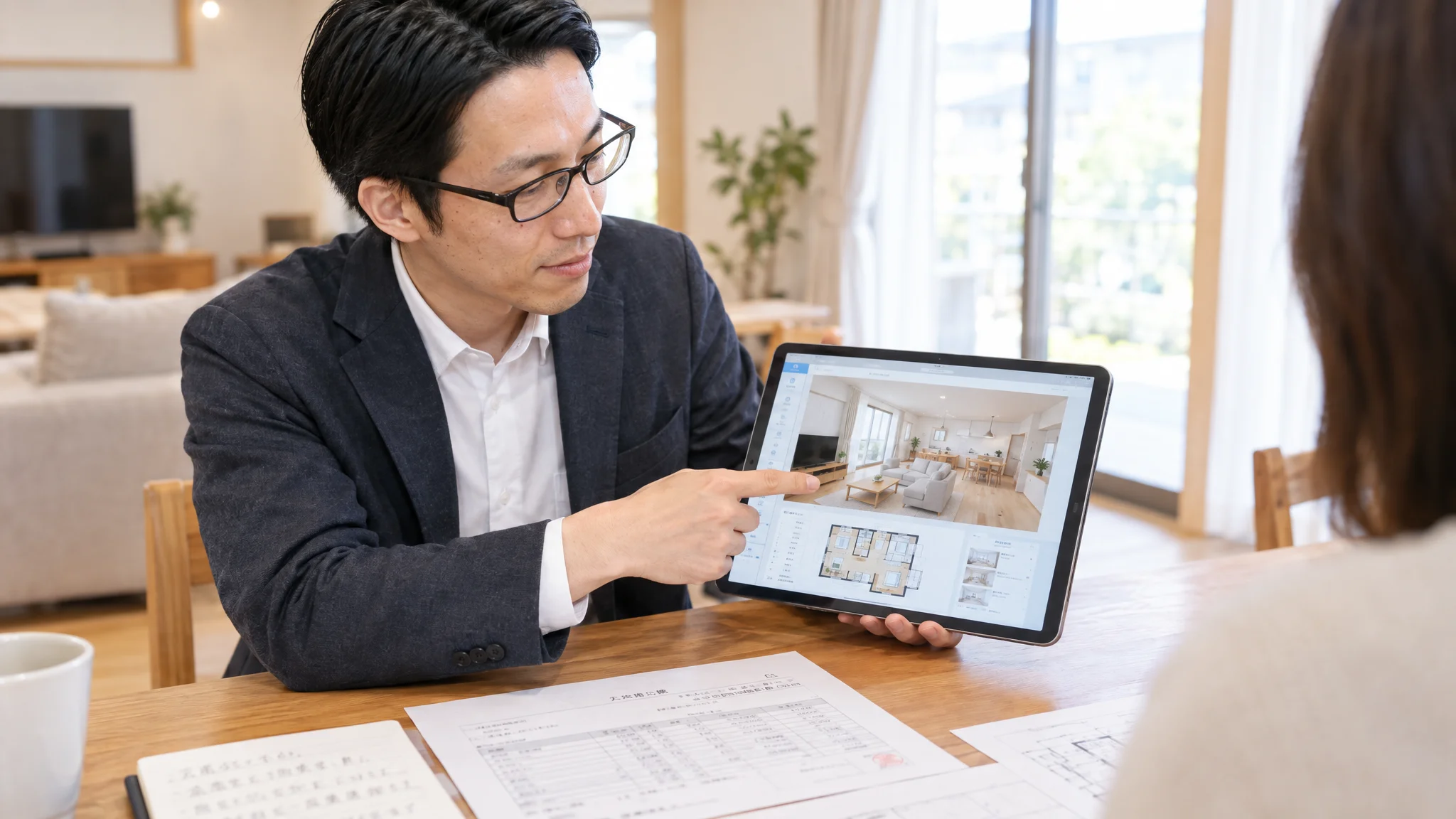 A Japanese advisor operating a tablet screen at a customer's home. The screen displays a simulation of new equipment placed in the current living room, with realistic rendering down to the way shadows fall. The representative's fingertips are finely adjusting objects on the screen, showing a concentrated expression.