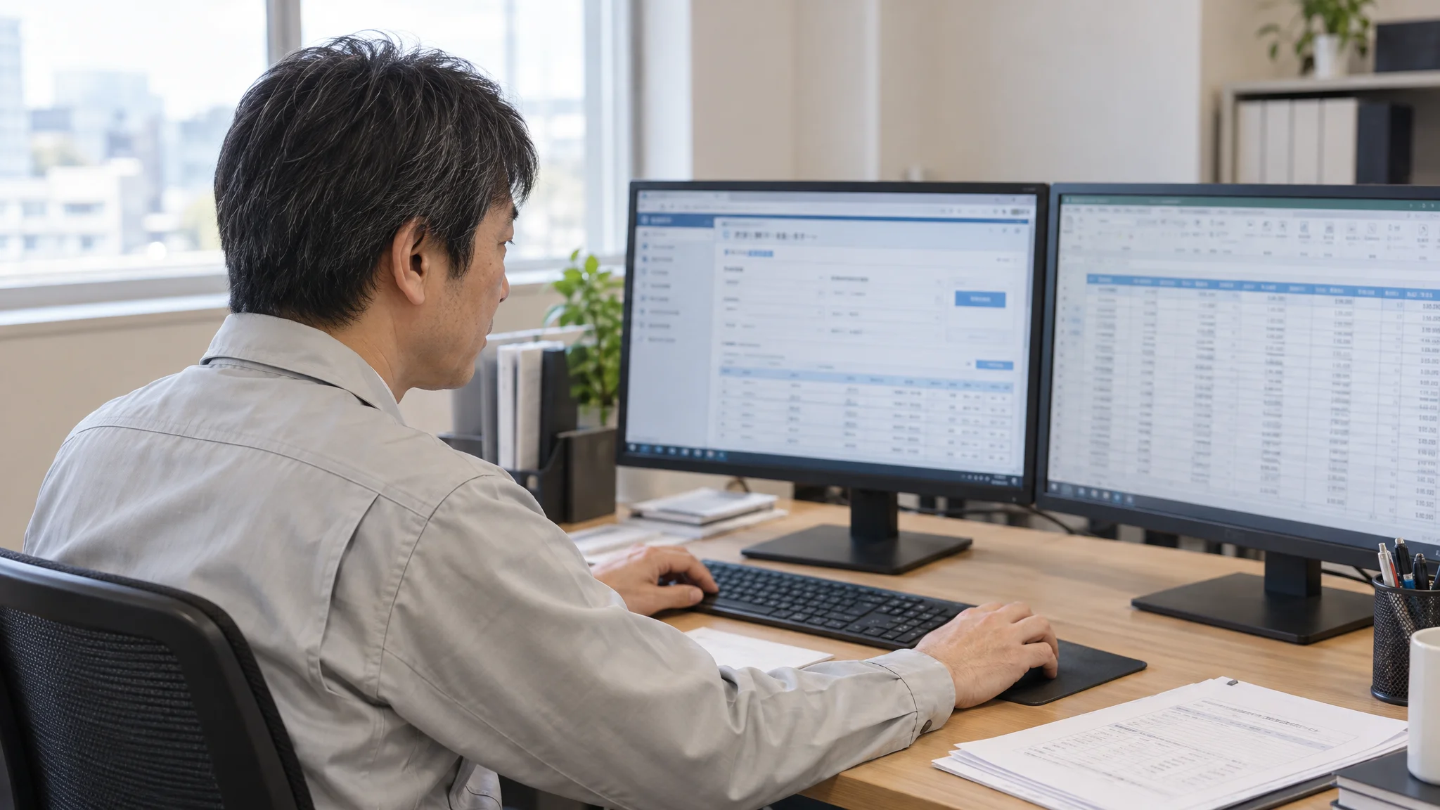 日本の静かなオフィスで、木目調のデスクの上に置かれた建設業界の複雑な帳票類。手前には古い証紙の束と印鑑が置かれ、窓からは柔らかい午後の光が差し込んでいる。ブランド名のないシンプルなPCモニターには、数値が並ぶ表計算ソフトの画面が映し出されている。人物は写っておらず、静謐な事務作業の現場を切り取った一枚の写真。