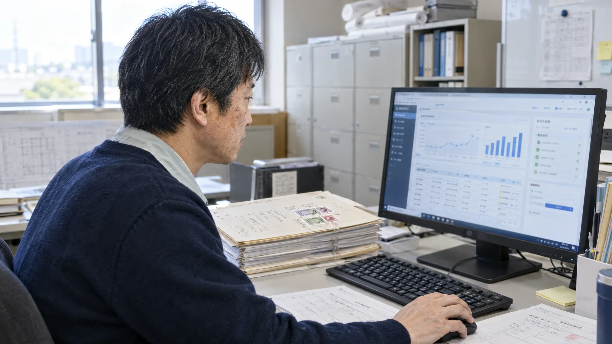 東京のモダンなオフィスで、デスクに向かう日本人の女性事務スタッフ。視線は手元のタブレットとPC画面に集中しており、無駄のない洗練された動作でデータをチェックしている。画面には最新のDXダッシュボードが表示され、複雑なグラフがリアルタイムで更新されている。周囲には紙の書類が一切なく、ペーパーレス化された清潔な環境。