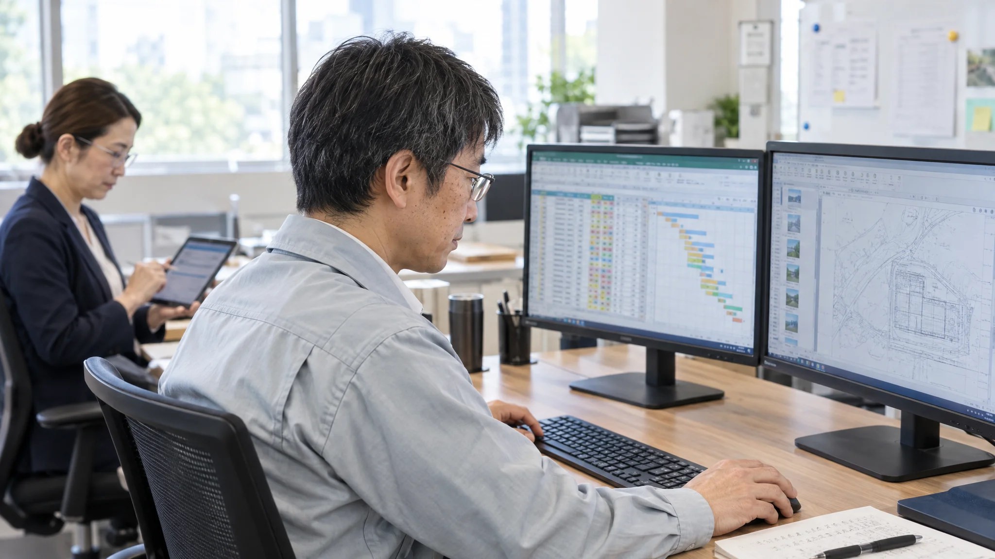 日本語で書かれた建設プロジェクトの進捗管理表が映し出されたノートPCの画面。画面の隣には、日本人のビジネスマンの手元があり、万年筆でスケジュール帳に数値を書き込んでいる。背景には都会のビル群が夕日に照らされている様子が薄く映り込み、プロフェッショナルなビジネスの緊張感と温かみが共存している。