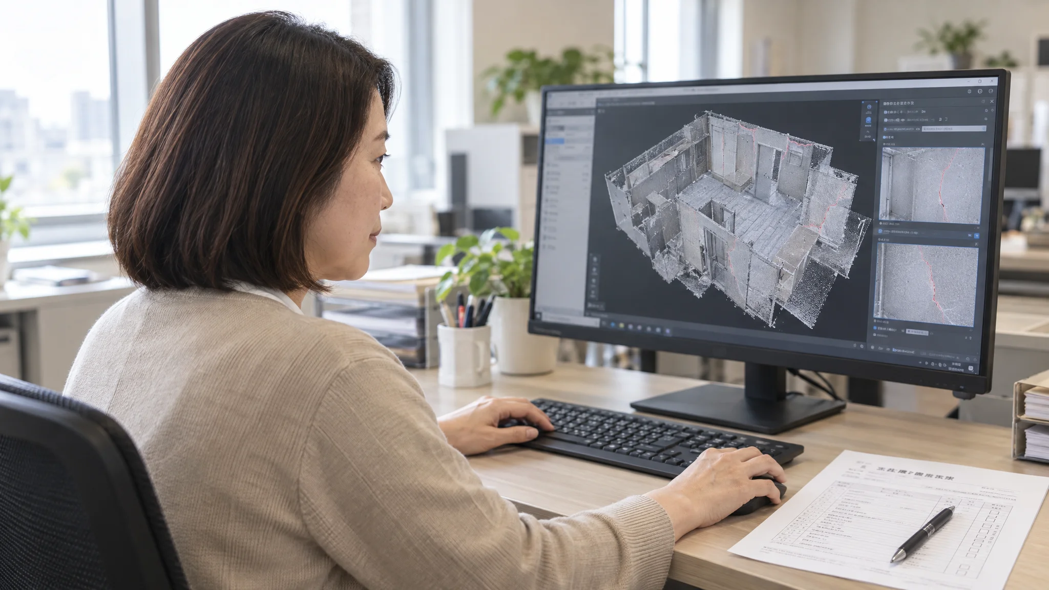 日本のオフィスで、日本人のデータアナリストがデスクトップPCの画面を注視している。画面にはマンション内部の3D点群モデルが映し出されており、AIが検出した壁面の傷が赤くハイライトされている。横には日本語で書かれた賃貸管理のチェックリスト（和文レイアウト、確認印欄あり）が置かれ、窓からの光がキーボードを照らしている。社名などの特定の固有名詞は一切含まれていない。