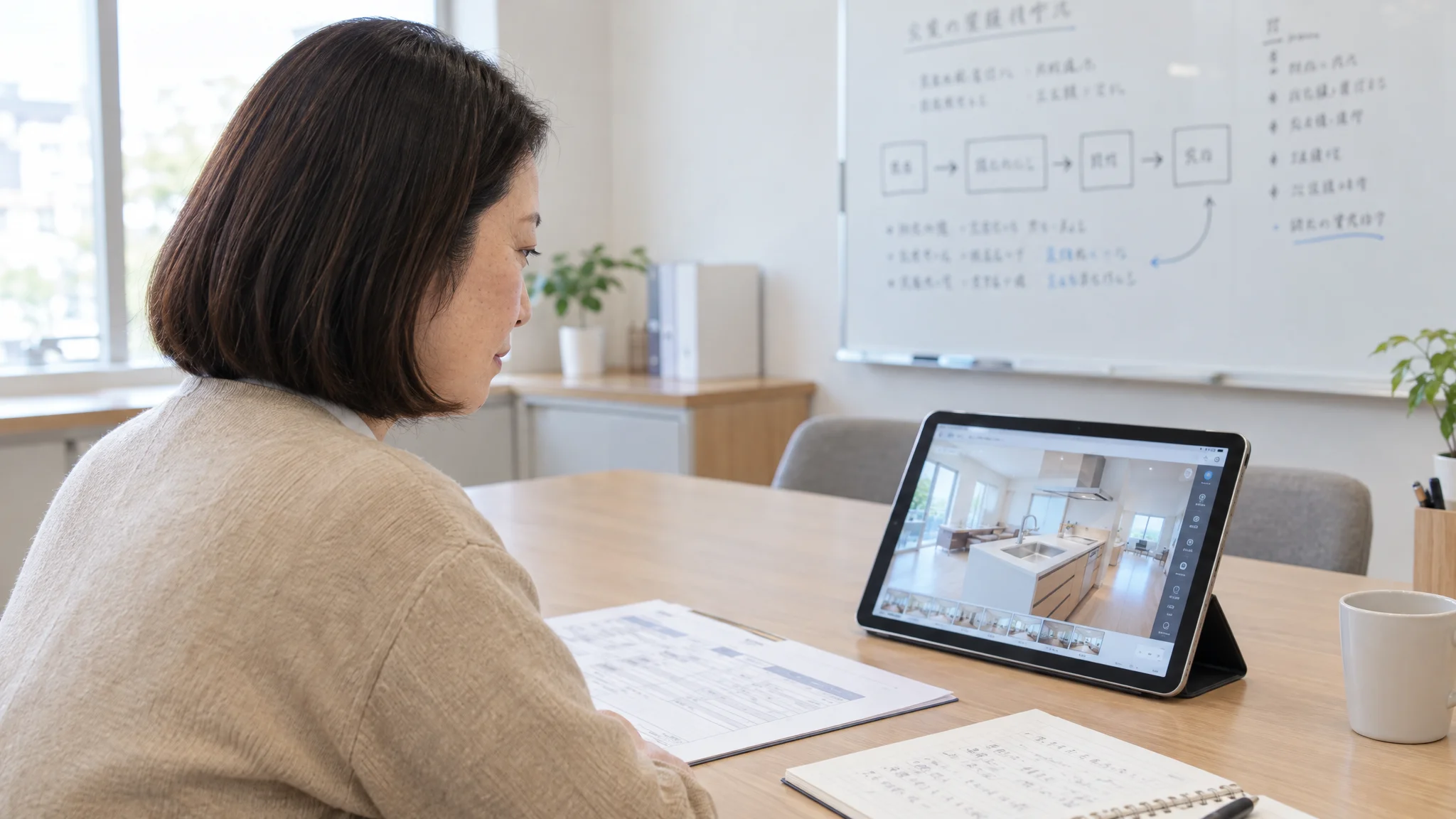 清潔感のある日本の不動産店舗のカウンター。手前にはタブレット端末が置かれ、入居前の室内3Dウォークスルー画面が表示されている。画面内ではキッチンやクローゼットの中まで詳細に確認できる。奥の壁には無地のホワイトボードがあり、日本語で書かれた管理フローの図解が並んでいる。看板やロゴは一切描かれておらず、静謐で信頼感のある商談環境を表現している。