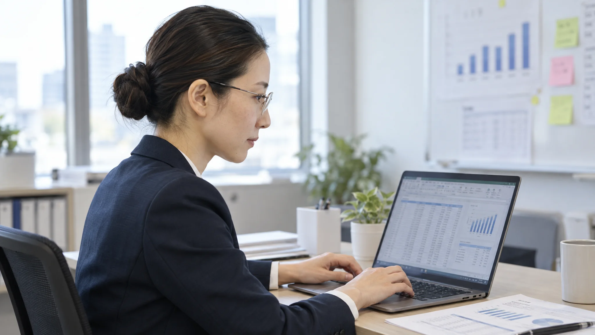 東京のオフィスで、デスクに向かいPC入力に集中している日本人のデータアナリスト。視線は手元のキーボードと画面上の表計算ソフトに落ちており、真剣な表情が斜め45度の角度から捉えられている。背景には日本語のビジネスチャートが掲示されたホワイトボードがうっすらと写っている。