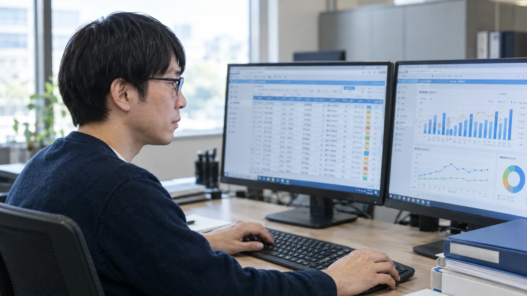 日本人のデータアナリストが、集中した面持ちで複数のモニターに向かっている。画面には物件ごとの修繕履歴が構造化されたスプレッドシートと、それらを可視化した棒グラフや折れ線グラフが映し出されている。デスクの端には日本語の業務マニュアルが置かれ、室内は静謐な空気に包まれている。