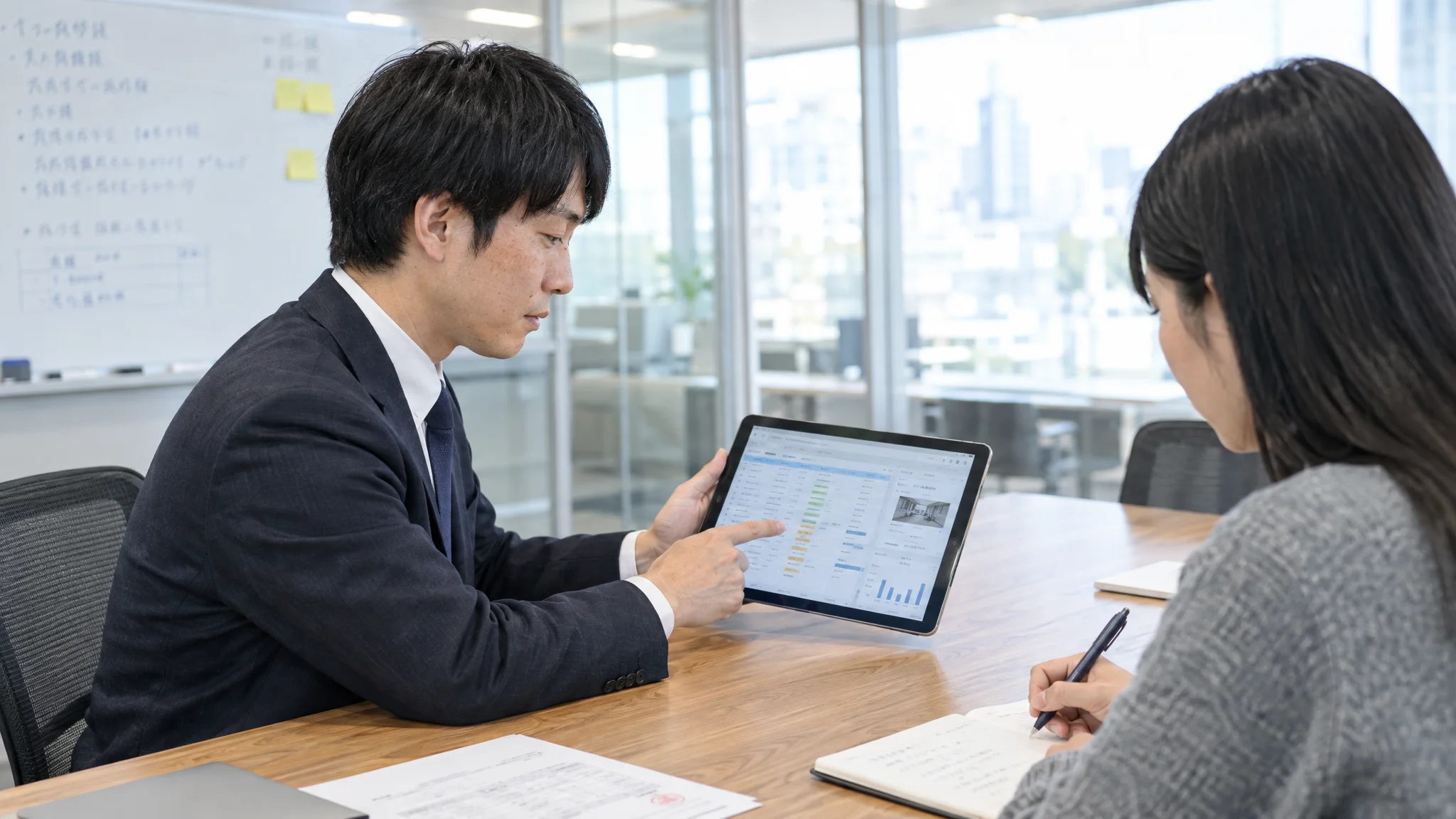 明るい会議室で、日本人の役員がタブレット端末を指し示しながら、画面に表示された建物の3Dモデルと修繕シミュレーションの数値を真剣な表情で確認している。視線は手元の画面に集中しており、背景のホワイトボードには日本語で「資産価値向上」「LCC最適化」といったメモが書き込まれている。