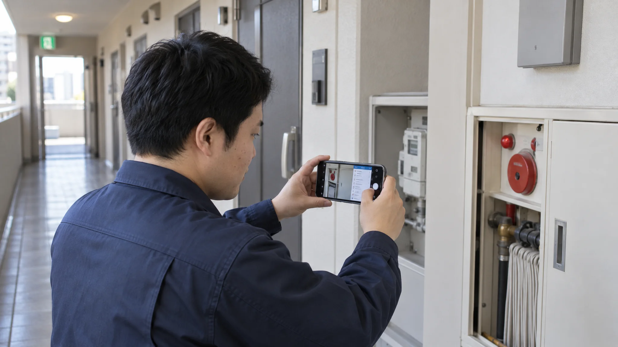 日本のオフィスビル内にある電気室で、壁面に設置されたアナログメーターの数値をスマートフォンのカメラで読み取ろうとしているシーン。手前にはピントの合ったスマートフォンの画面があり、そこには数値を自動認識する枠線が表示されている。背景には整然と並ぶ配電盤と日本語の管理ラベルが見え、現場の緊張感が伝わる1枚。