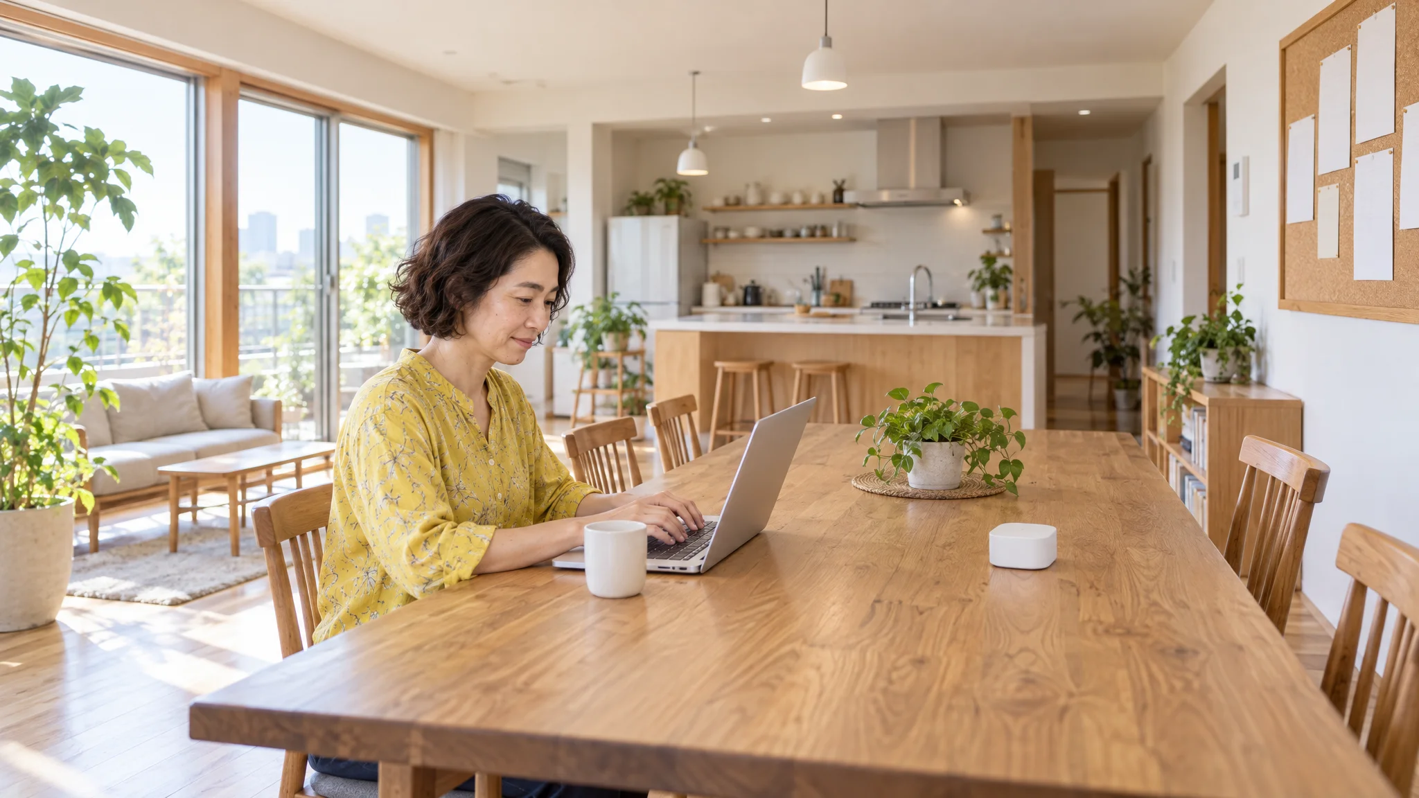明るく清潔感のある日本のシェアハウスの共用リビング。木目調のテーブルの上には、特定の名称が記載されていない白いシンプルなセンサーデバイスが置かれている。窓からは午後の柔らかな光が差し込み、背景の壁には日本語で書かれた「コミュニティの約束」というポスターが掲示されている。人物は写っておらず、静謐で安全な空間が描写されている。