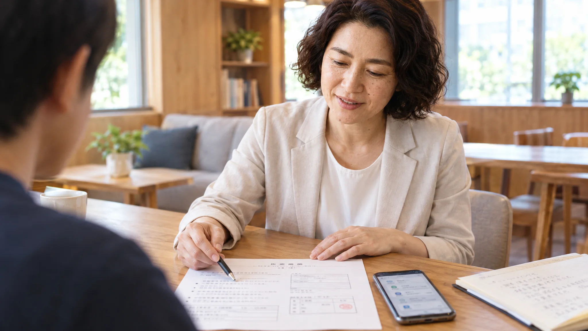 木製のデスクの上に置かれた、日本語のビジネス文書。タイトルには「AI活用型コミュニティガイドライン」と書かれ、居住者の同意署名欄と押印欄がある。横には特定の名称が記載されていないスマートフォンが置かれ、専用アプリのログイン画面が表示されている。斜め45度からの構図で、書類の細かな文字まで鮮明に描写されている。