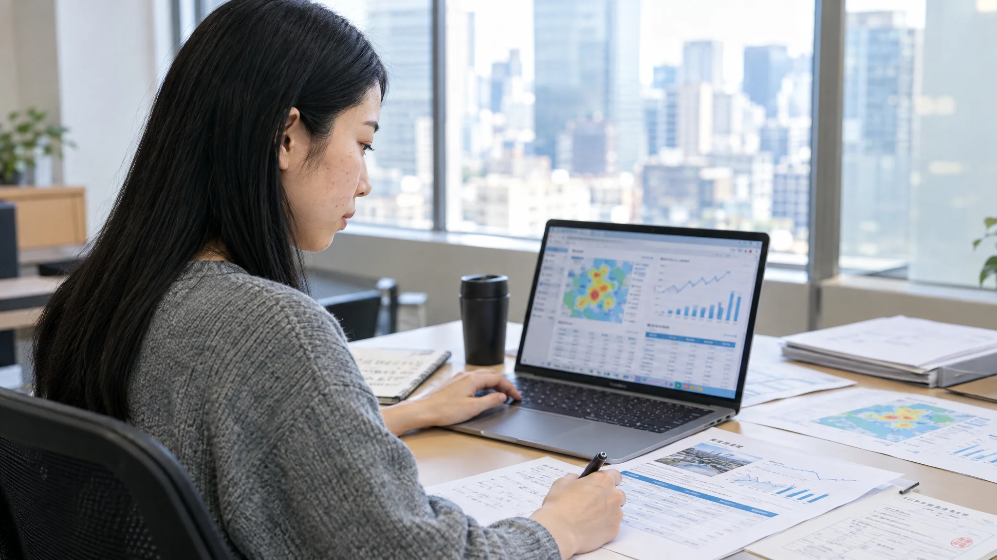 東京のオフィスで、デスクに向かって真剣な表情でPC画面を注視する日本人のデータアナリスト。視線は画面上の複雑なデータグリッドと地図データに落ちており、横顔がシャープに映し出されている。背景には都市の景観が少しボケて写っており、プロフェッショナルな集中力が伝わる一枚。