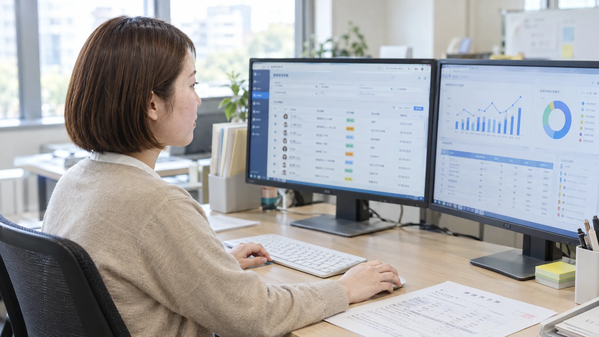 日本人のデータアナリストが、複数のモニターが並ぶデスクで作業に没頭している。視線は手元のタブレットに落ちており、画面には複雑なネットワーク図と日本語の分析注釈が映っている。デスクの上にはメーカー名などの表記がない無地のスマートフォンと、日本語で書かれた月次報告書のドラフトが置かれている。