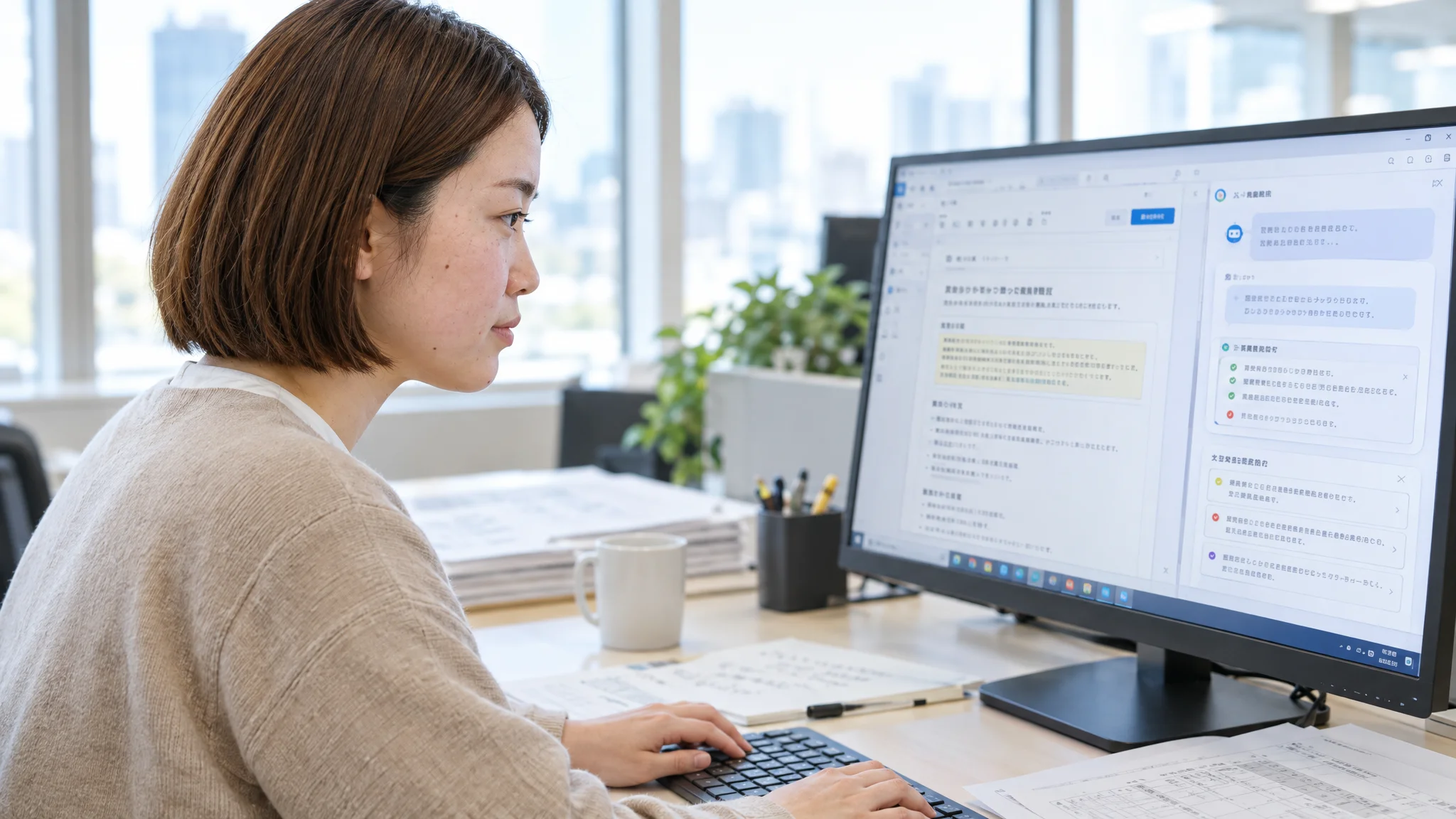 東京のオフィスビル内にある会議室。日本人の役員が、壁に投影されたプロジェクターの画面を指差しながら、横顔でデータを確認している。画面には日本地図と共に、エリア別の採用コストが日本語のグラフで表示されている。テーブルには固有の名称やマークがない無地のノートPCと、日本語の資料が整然と並べられている。