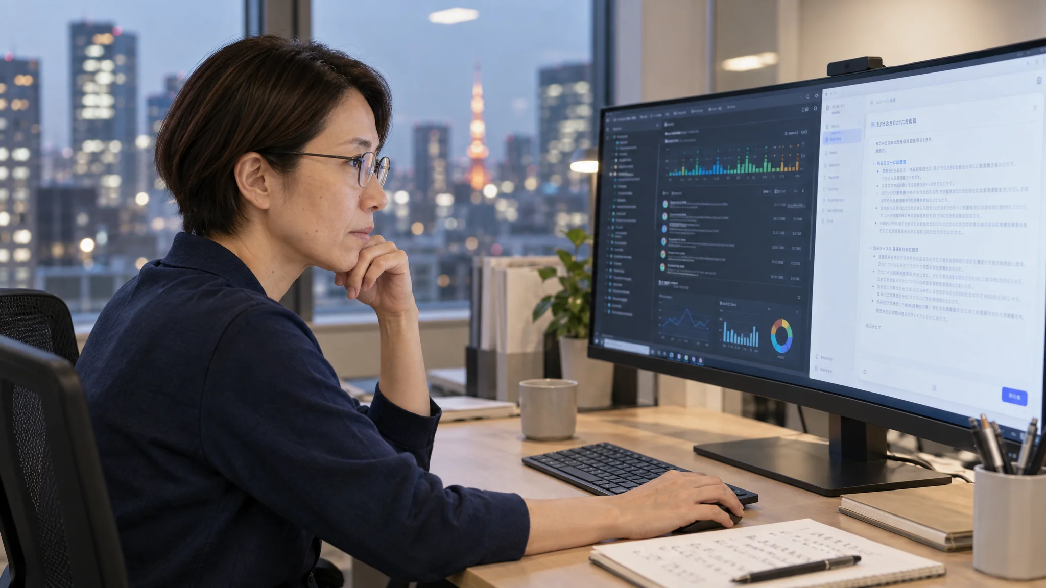 モダンな日本のオフィス環境で、高解像度の大型モニターにGitHubの複雑なリポジトリ画面とコミット履歴のグラフが表示されている様子。画面の横には無地のノートPCと日本語のメモが置かれたデスクがあり、窓の外には東京の夜景が広がっている。洗練されたデジタルワークスペースの風景。