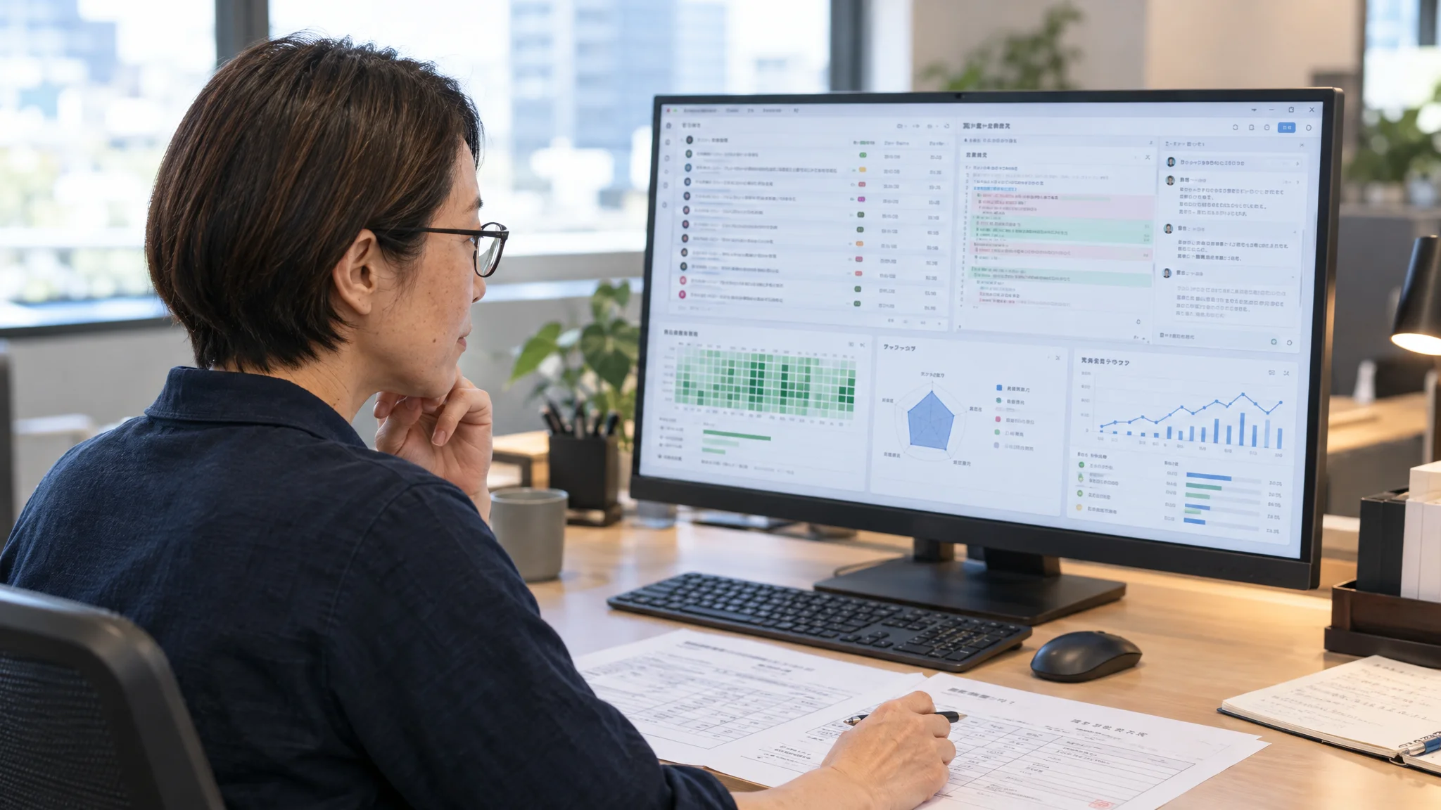 日本人のデータアナリストが、オフィスで複数のグラフが表示されたダッシュボード画面を真剣に見つめている。視線は画面上の数値データに落ちており、手元にはビジネス文書が置かれている。落ち着いた照明のモダンな空間での作業風景。