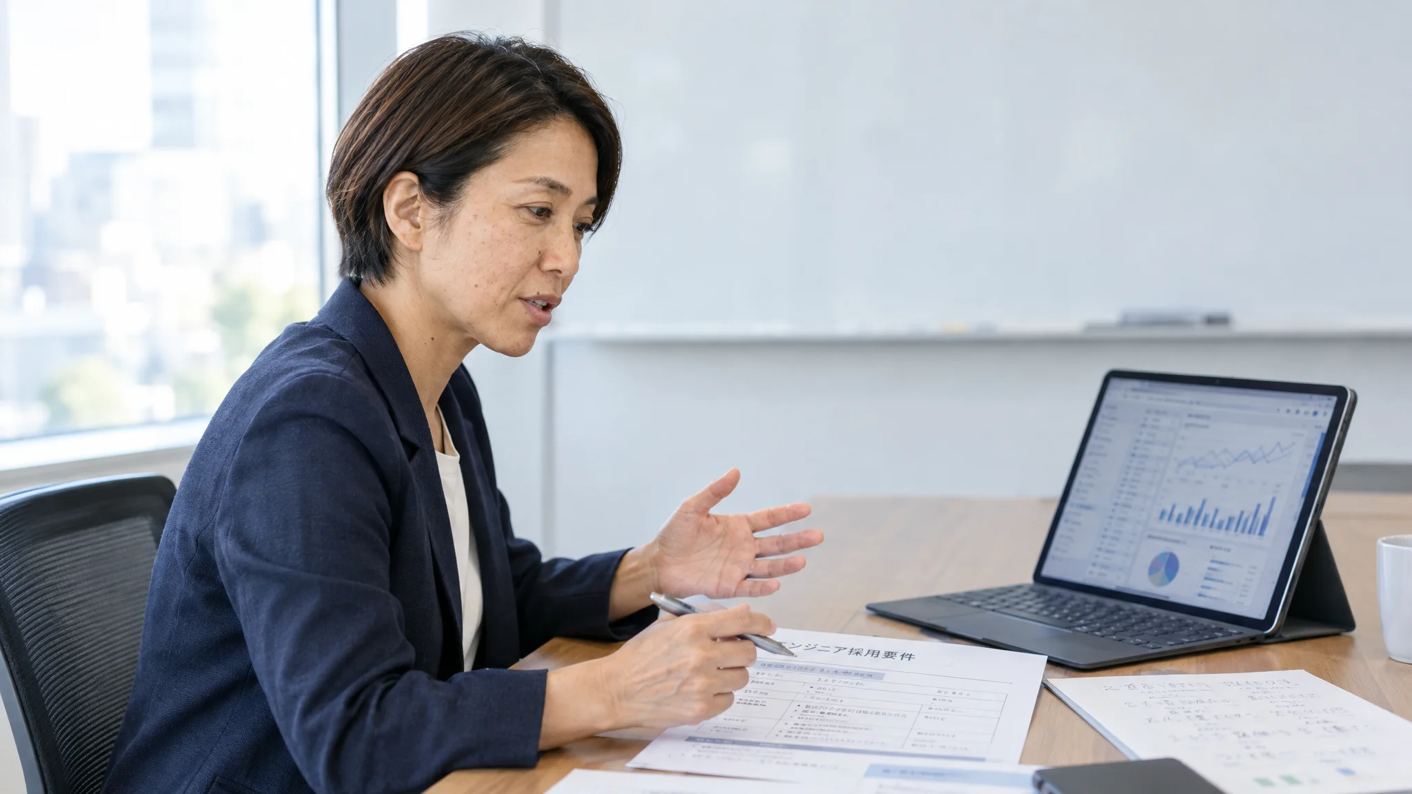 日本の企業の会議室にて、テーブルの上に置かれたタブレット端末に採用アナリティクスのレポートが表示されている。画面には棒グラフや円グラフ、日本語の分析テキストが並んでいる。背景には無地のホワイトボードがあり、窓から自然光が差し込む清潔感のある空間。