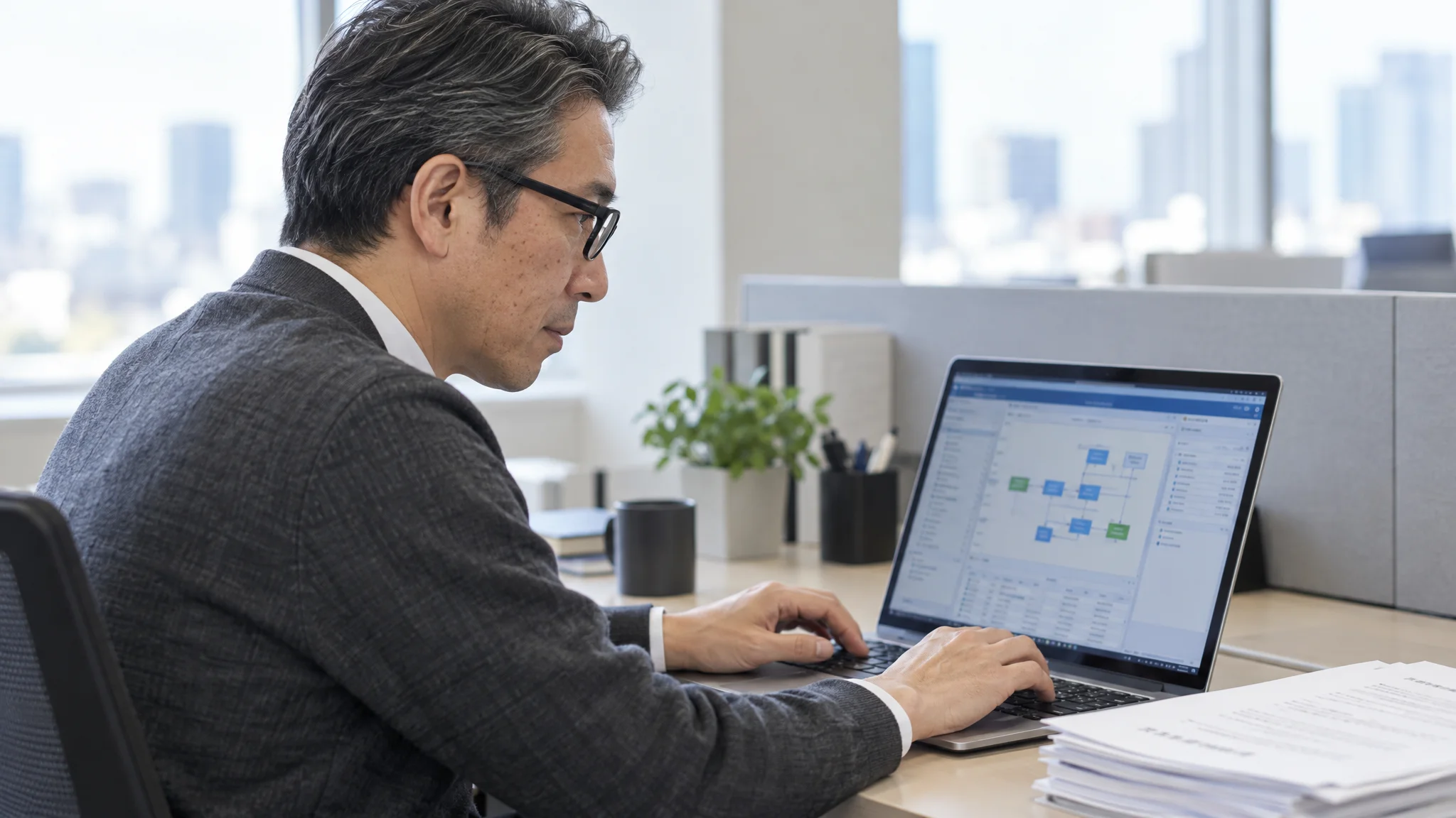 東京のオフィスで、日本人のシステム担当者がノートPCの画面を注視している。画面にはAIが生成した複雑なデータフロー図と、社保加入判定のロジックツリーが表示されている。担当者の視線は手元のキーボードと画面を往復しており、集中した表情の横顔が写っている。背景には整然としたオフィスデスクが並んでいる。