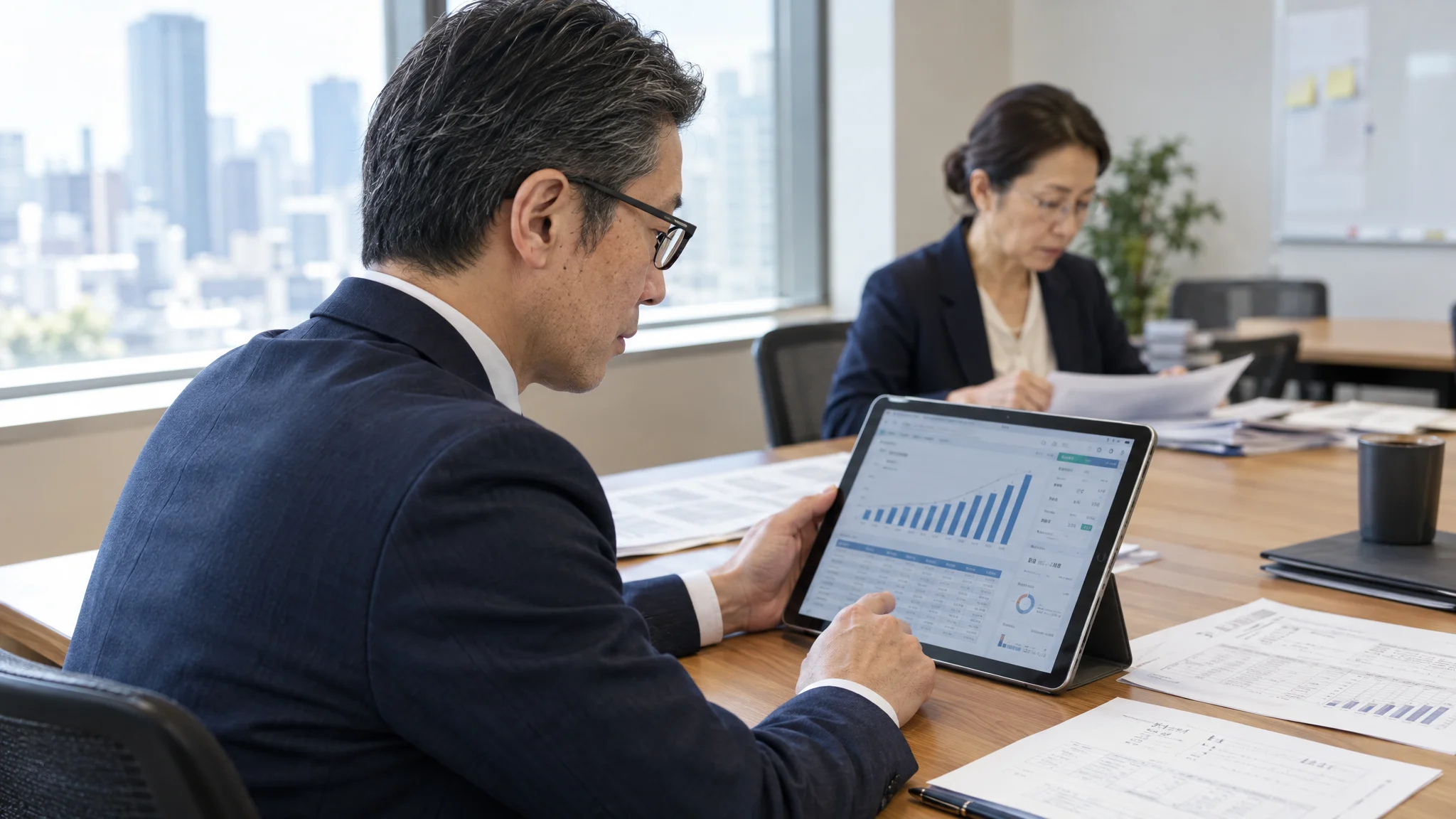日本人の役員が、タブレット端末に表示されたシミュレーション結果を指で示しながら、日本語で書かれた資料を確認している。視線は手元の画面に落ちており、落ち着いた雰囲気の会議室で光が左側から差し込んでいる。画面には「将来の年金受取額シミュレーション」という見出しと、右肩上がりの棒グラフが鮮明に映っている。