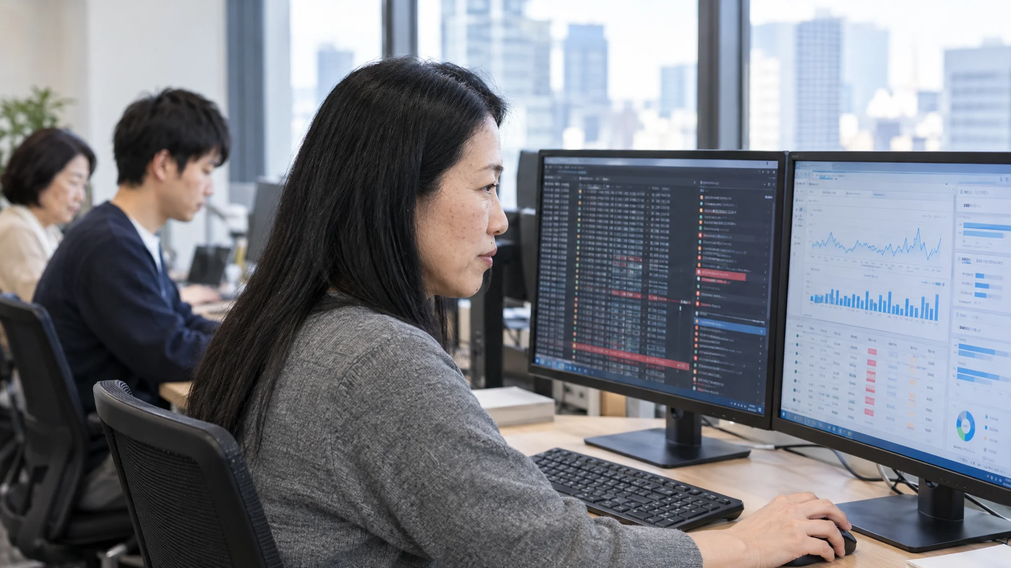 明るい会議室で、日本人の役員がタブレット端末を確認している。画面には、月次の経理コストが大幅に削減されたことを示す右肩下がりの折れ線グラフが表示されている。テーブルの上には、日本語で書かれた経理フロー図が広げられ、窓の外には東京のビル群が見える。人物の視線は手元のグラフに落ち、満足げな表情を浮かべている。